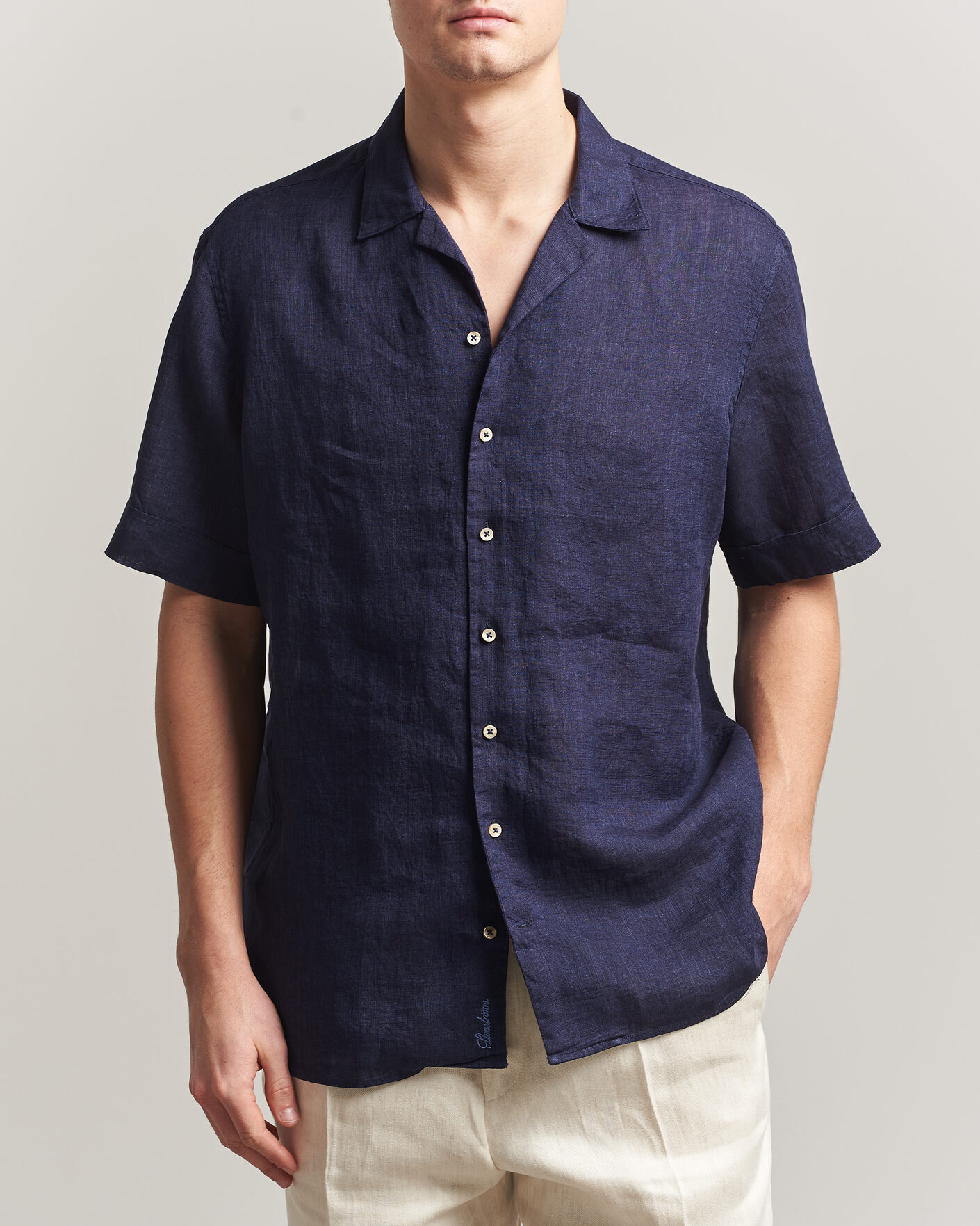 Men | Shirts | Stenströms | Short Sleeve Linen Shirt Navy