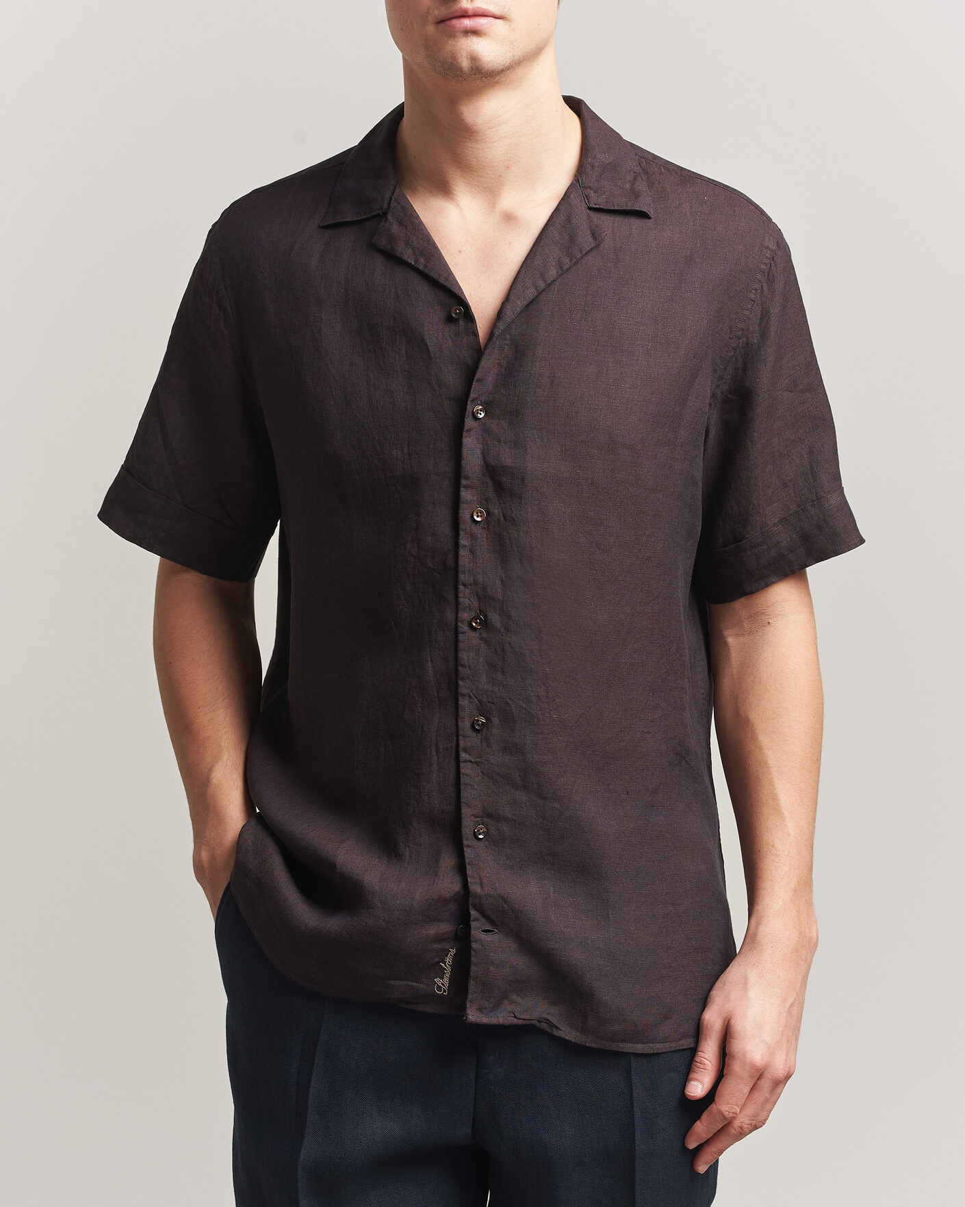 Men | Shirts | Stenströms | Short Sleeve Linen Shirt Dark Brown