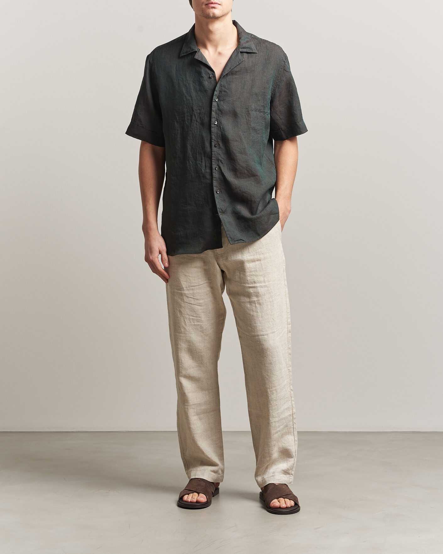 Men | Shirts | Stenströms | Short Sleeve Linen Shirt Dark Green