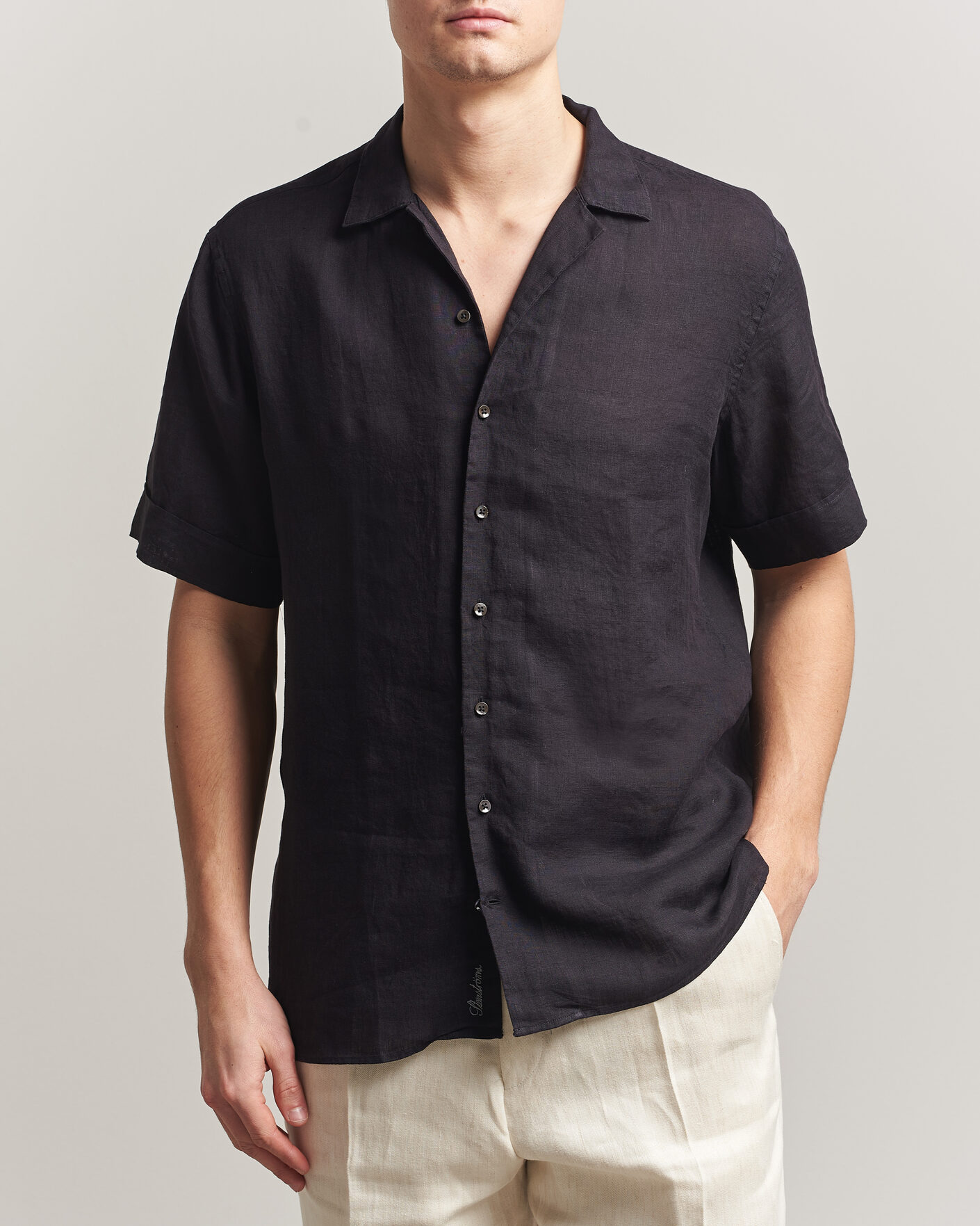 Men | Shirts | Stenströms | Short Sleeve Linen Shirt Black