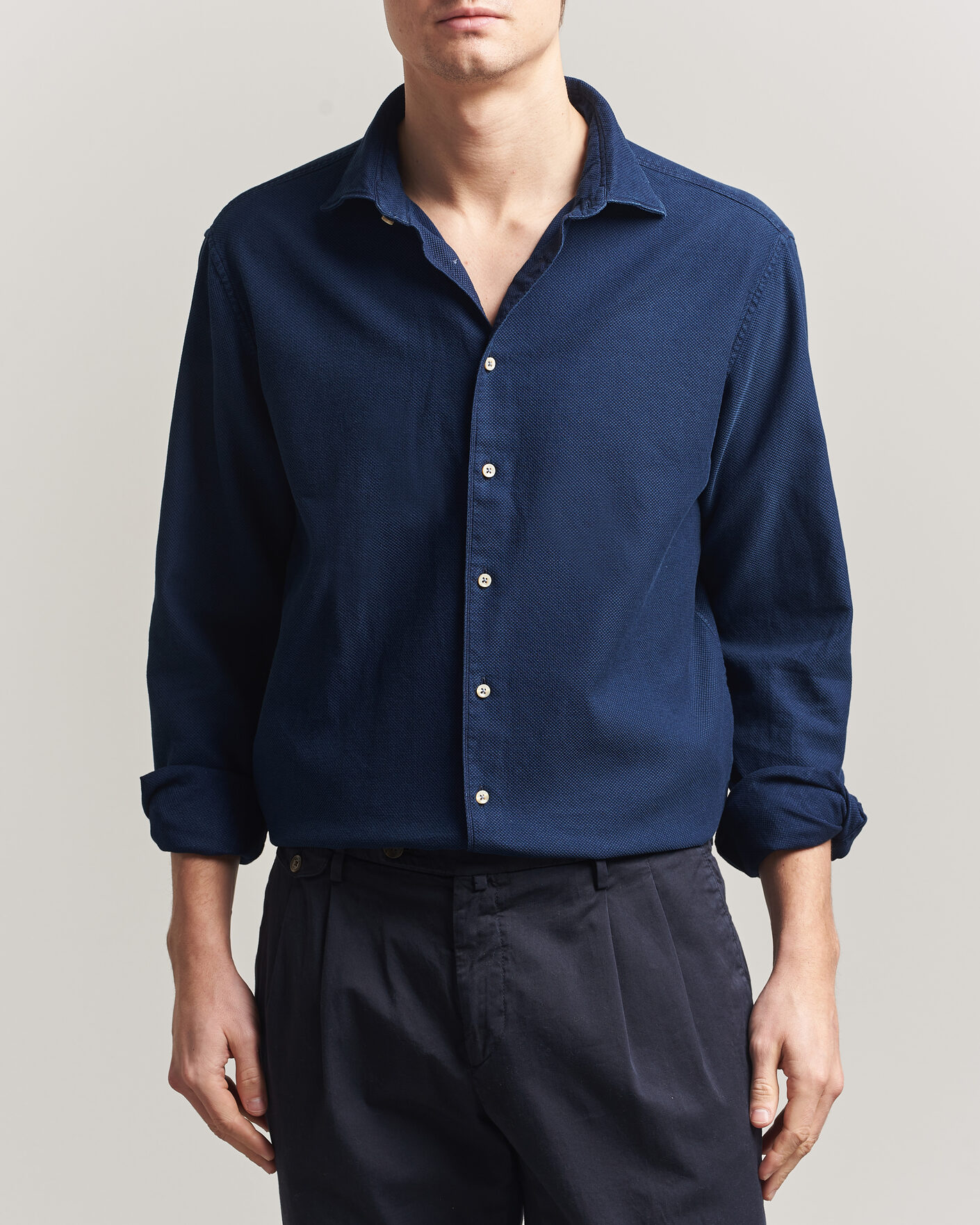 Men | Shirts | Stenströms | Regular Fit Structured Denim Shirt Navy
