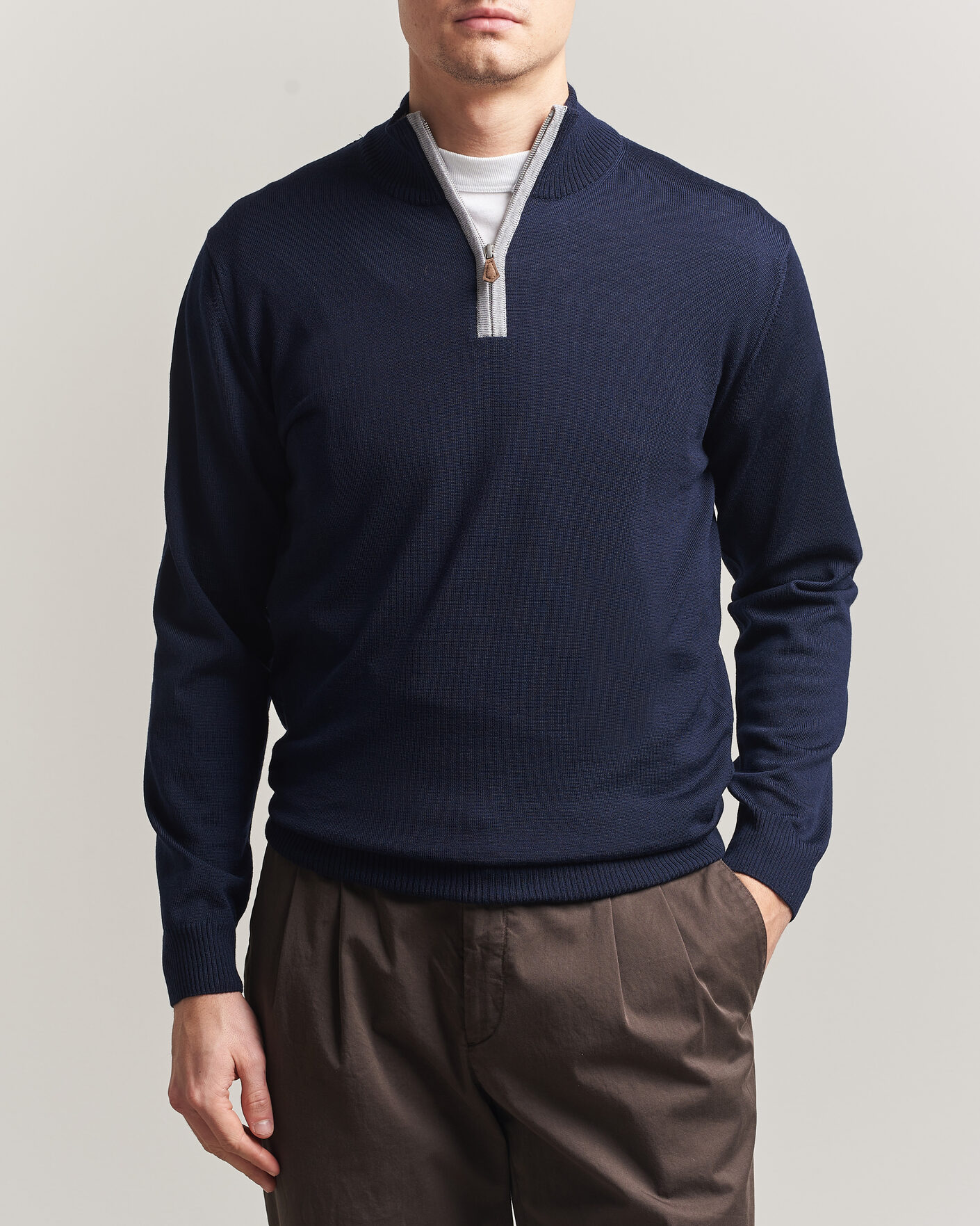 Men | Sweaters & Knitwear | Stenströms | Merino Contrast Half-Zip Navy