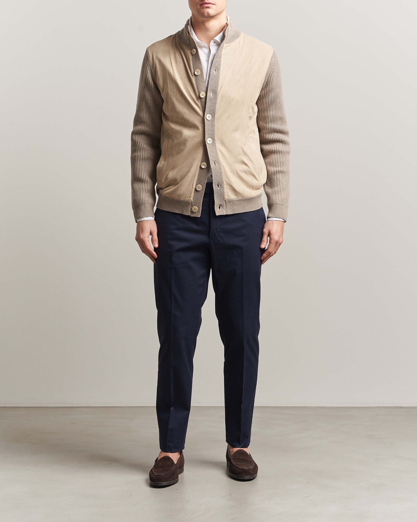 Men | Sweaters & Knitwear | Stenströms | Knitted Hybrid Buttoned Alcantara Cardigan Taupe