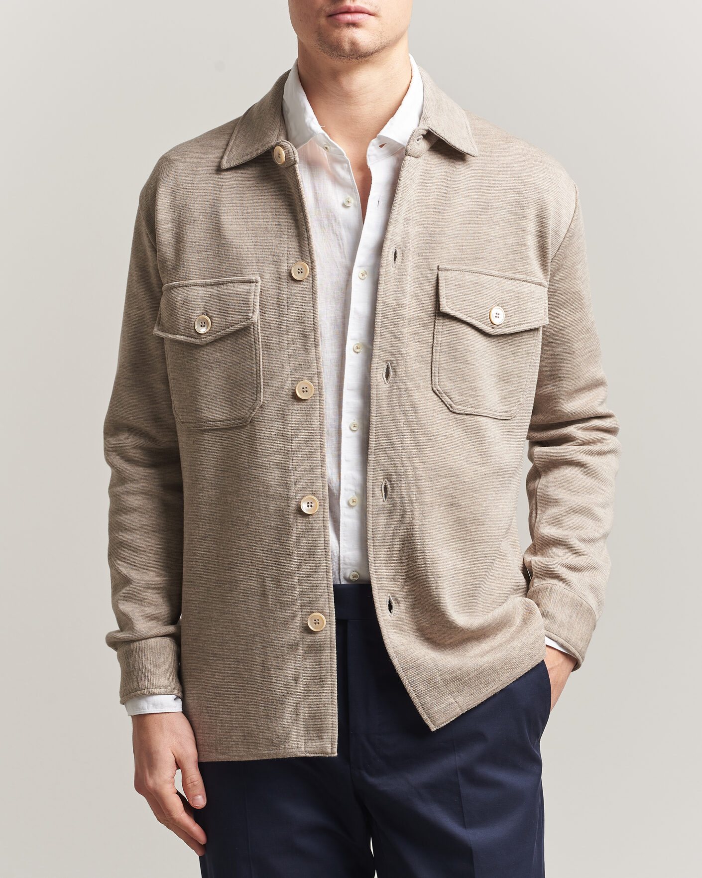 Men | Sweaters & Knitwear | Stenströms | Milano Knitted Merino Overshirt Beige
