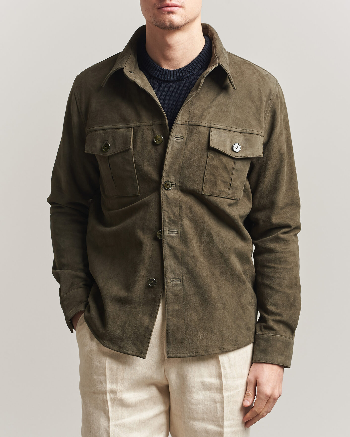 Men | Coats & Jackets | Stenströms | Suede Pocket Overshirt Olive