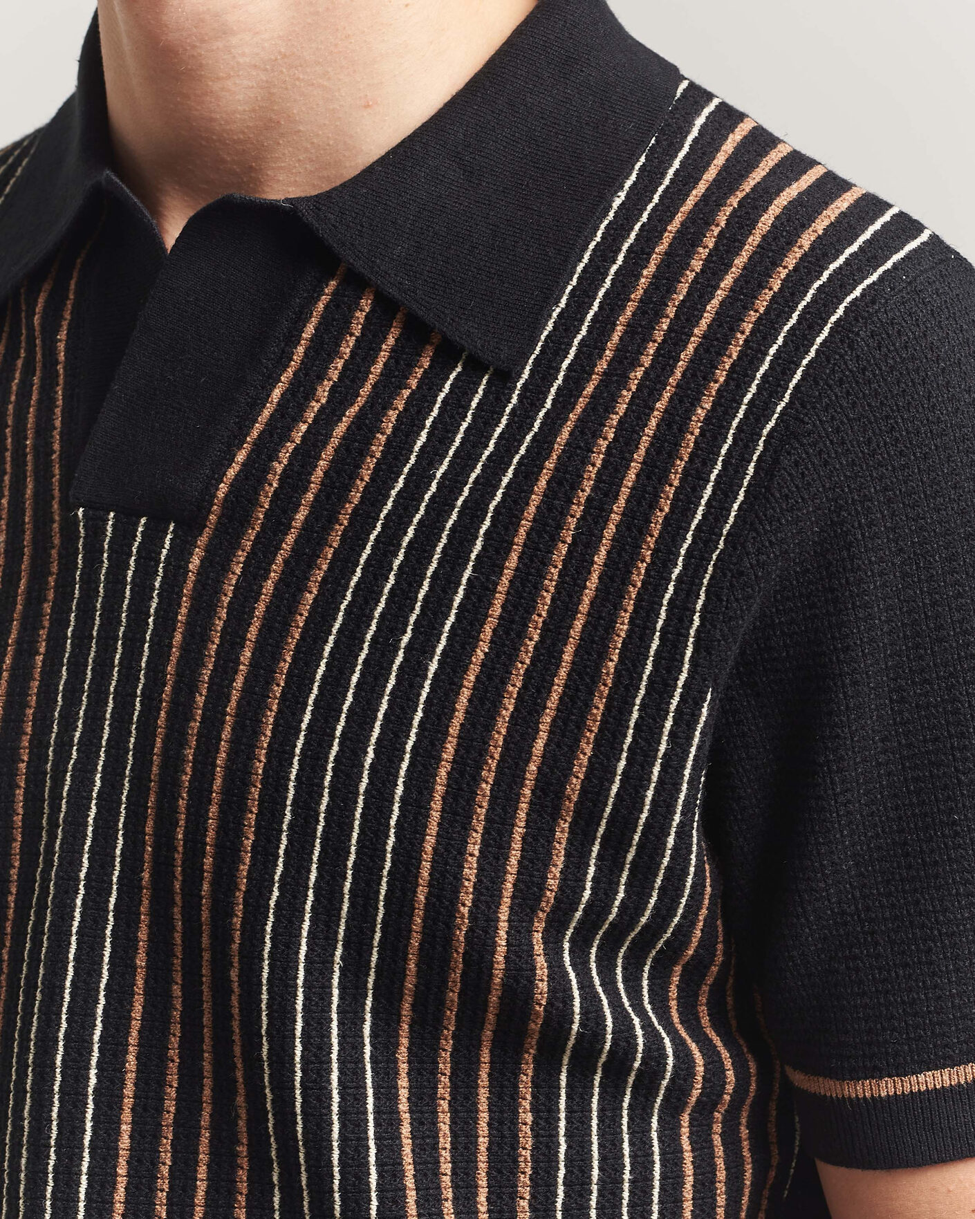 Men | Polo Shirts | Stenströms | Knitted Stripe Hemp/Cotton Polo Black