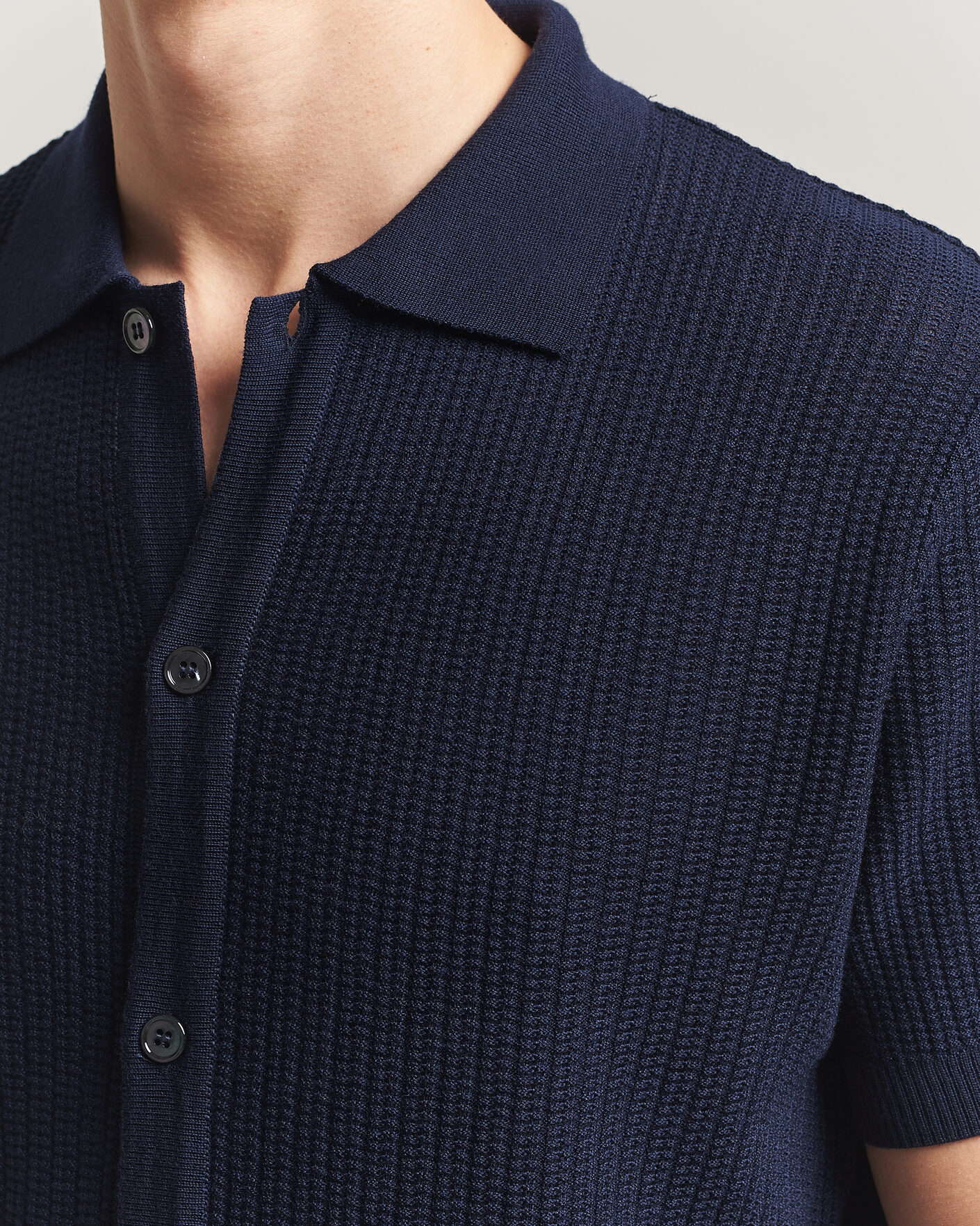 Men | Polo Shirts | Stenströms | Knitted Buttonthru Merino Polo Shirt Navy
