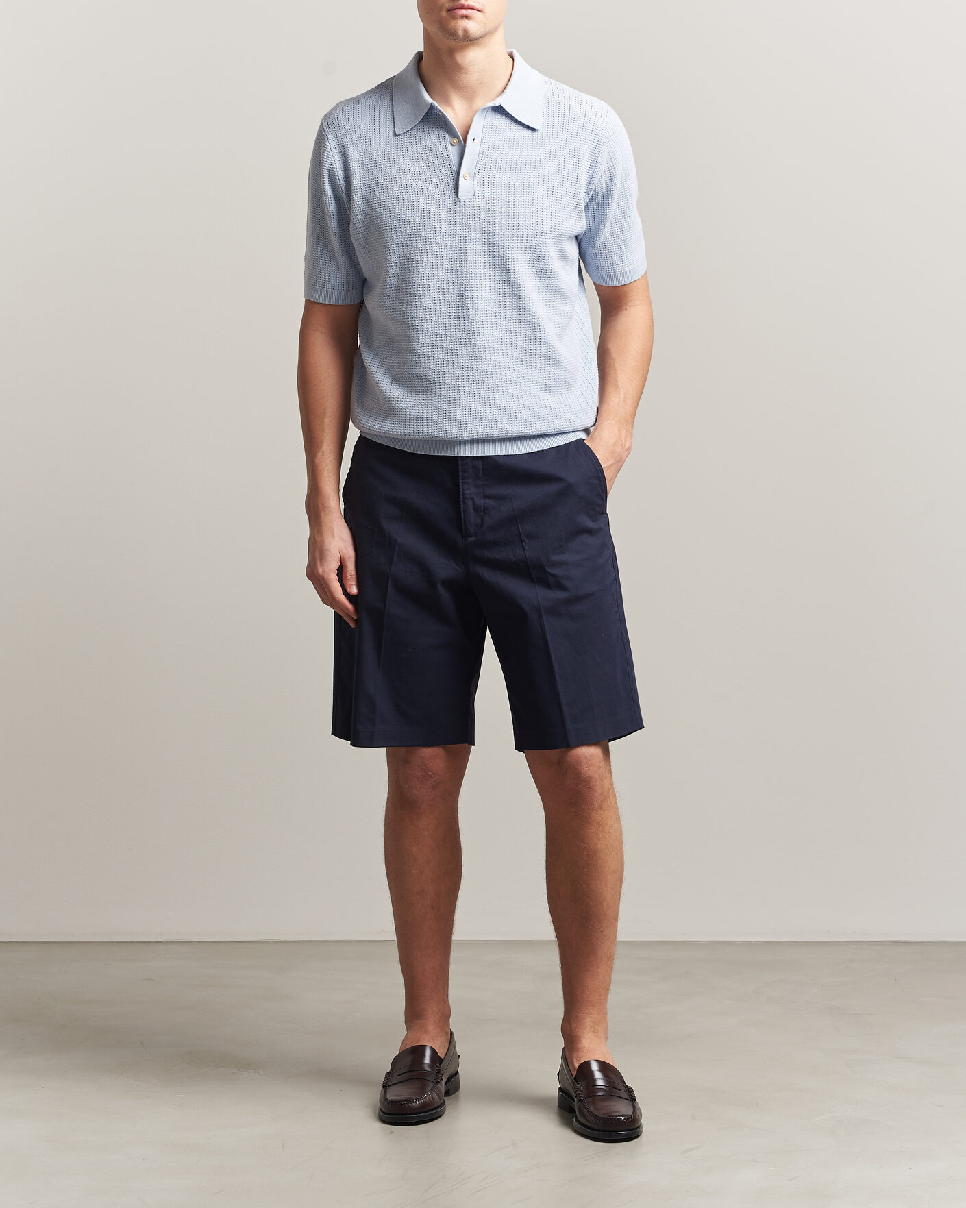 Men | Polo Shirts | Stenströms | Knitted Textured Cotton/Hemp Polo Light Blue