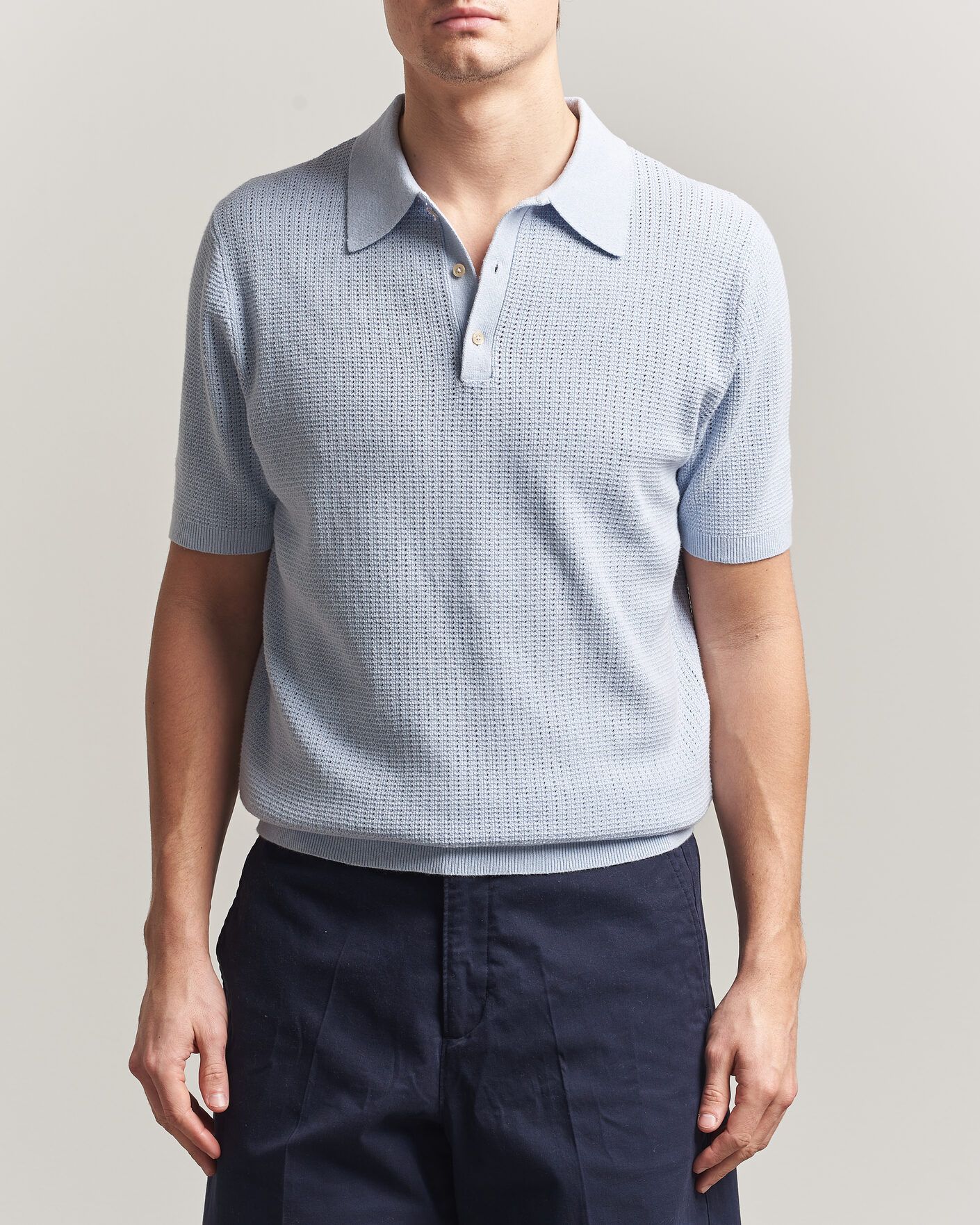 Men | Polo Shirts | Stenströms | Knitted Textured Cotton/Hemp Polo Light Blue