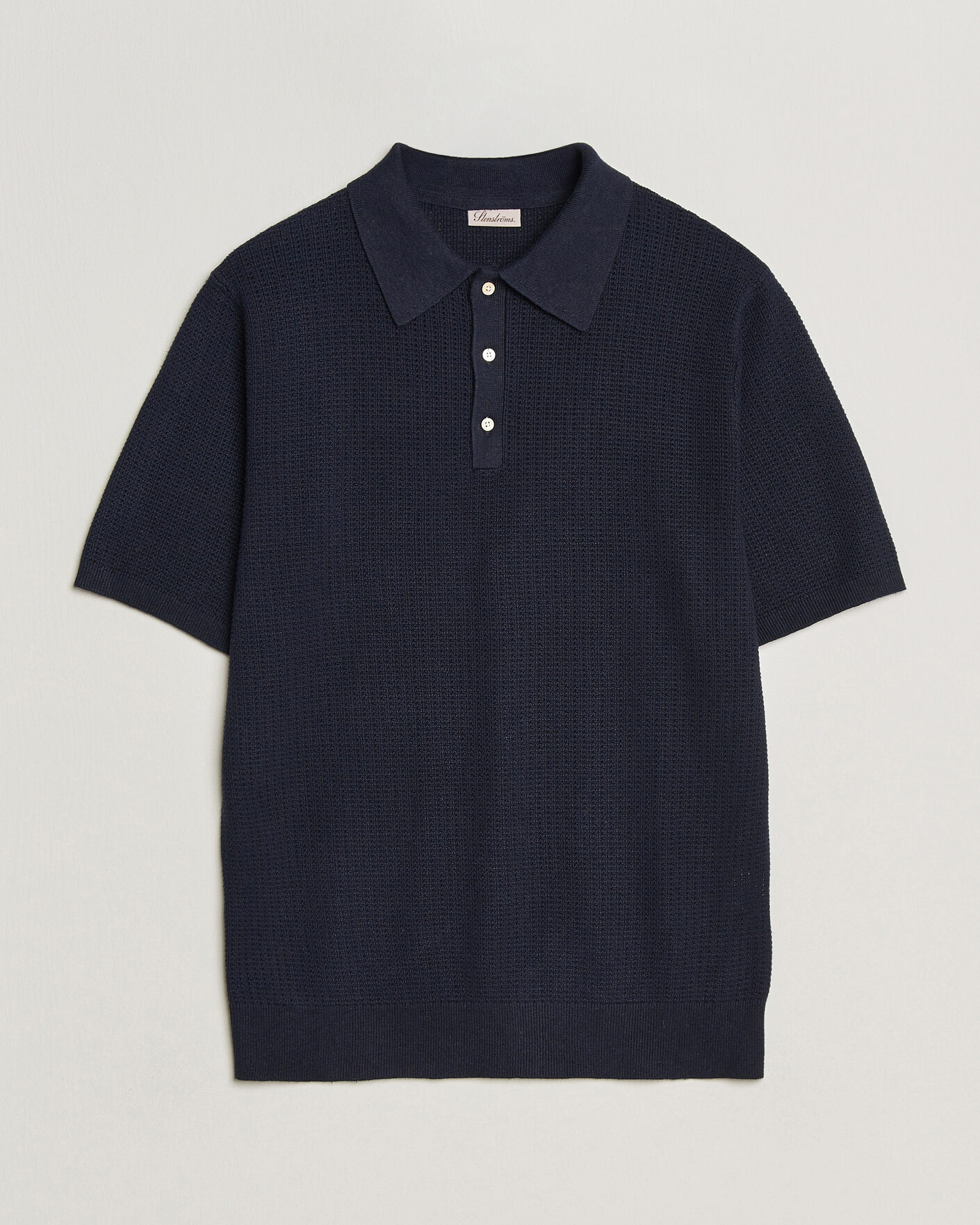 Men | Polo Shirts | Stenströms | Knitted Textured Cotton/Hemp Polo Navy