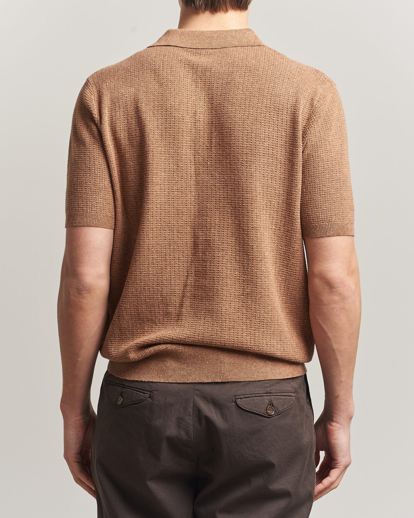 Men | Polo Shirts | Stenströms | Knitted Textured Cotton/Hemp Polo Light Brown