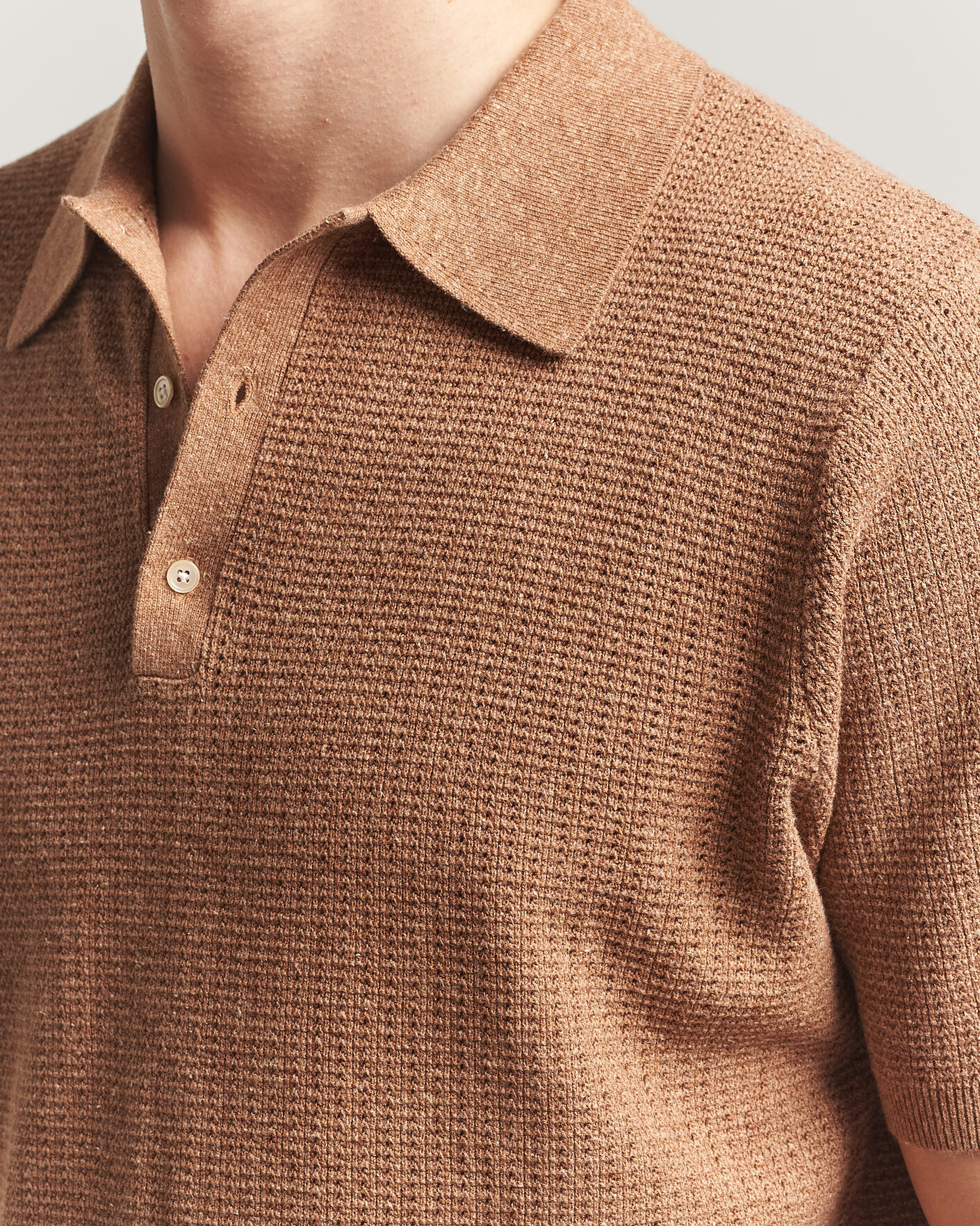 Men | Polo Shirts | Stenströms | Knitted Textured Cotton/Hemp Polo Light Brown