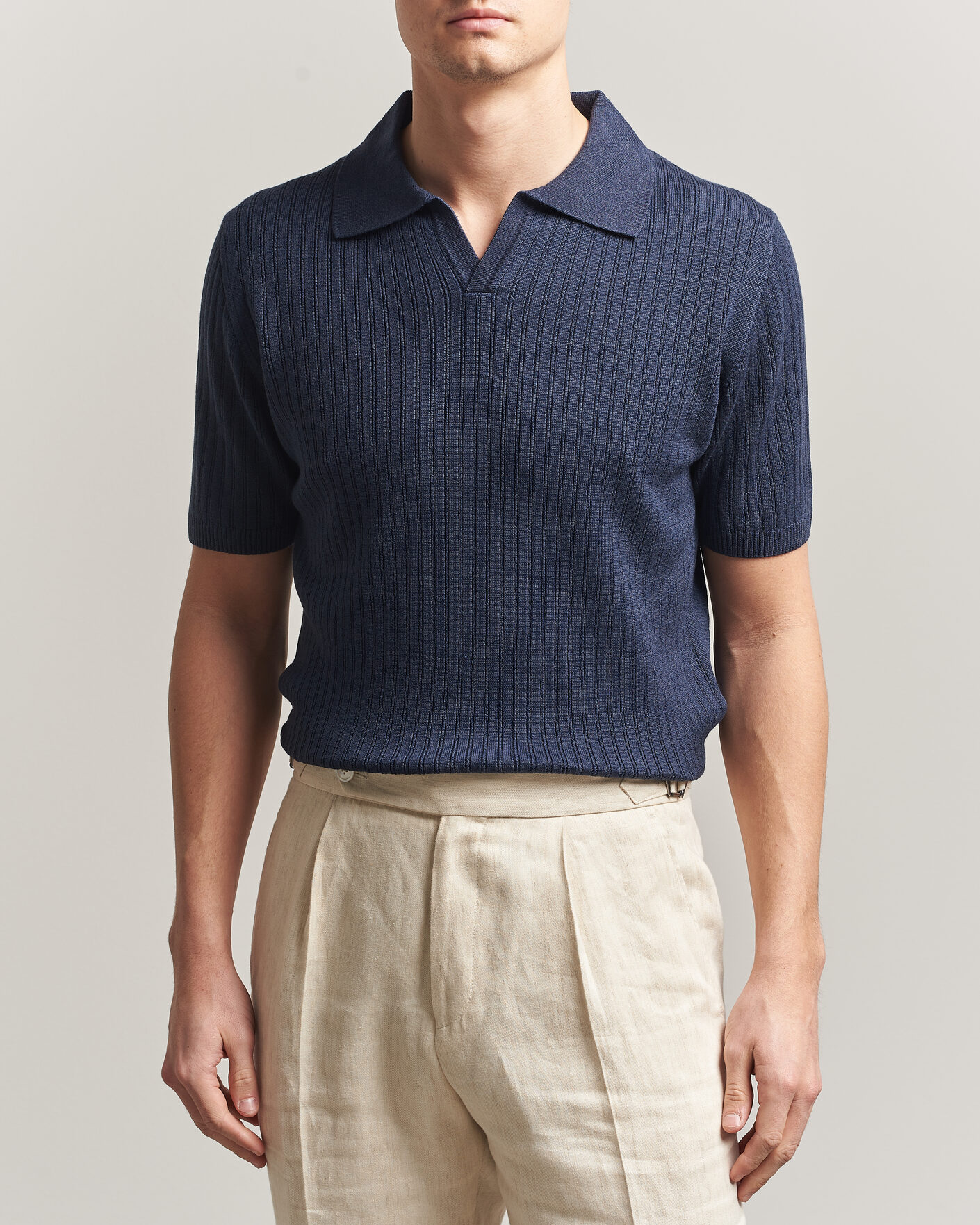 Men | Polo Shirts | Stenströms | Linen/Merino Structured Polo Navy