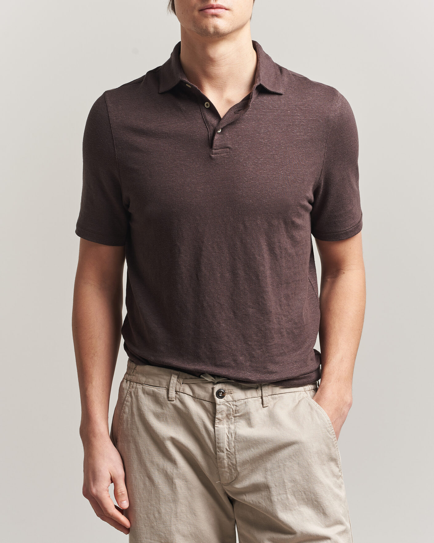 Men | Polo Shirts | Stenströms | Linen Polo Shirt Dark Brown