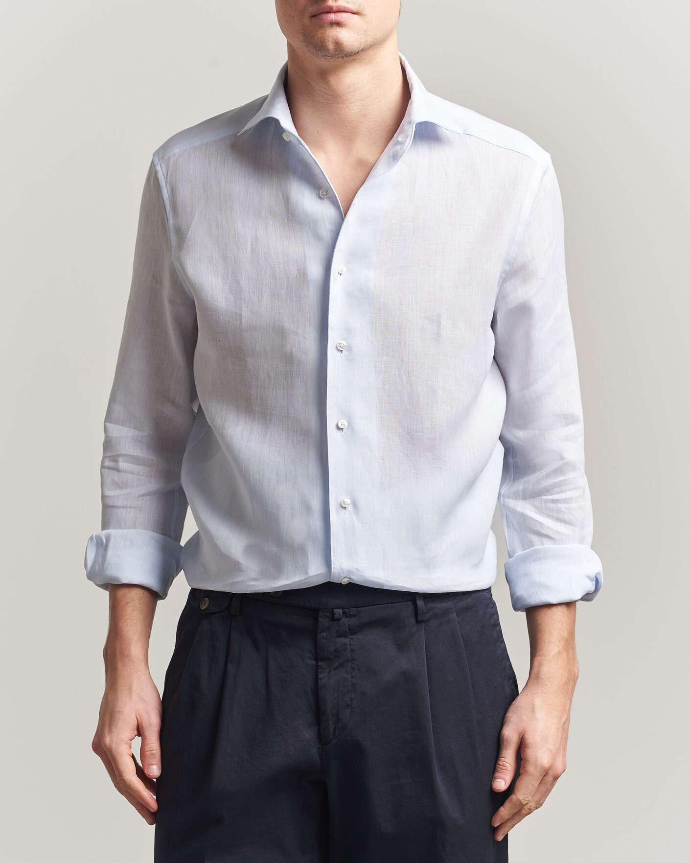 Men | Shirts | Stenströms | 1899 Linen One Piece Collar Shirt Light Blue