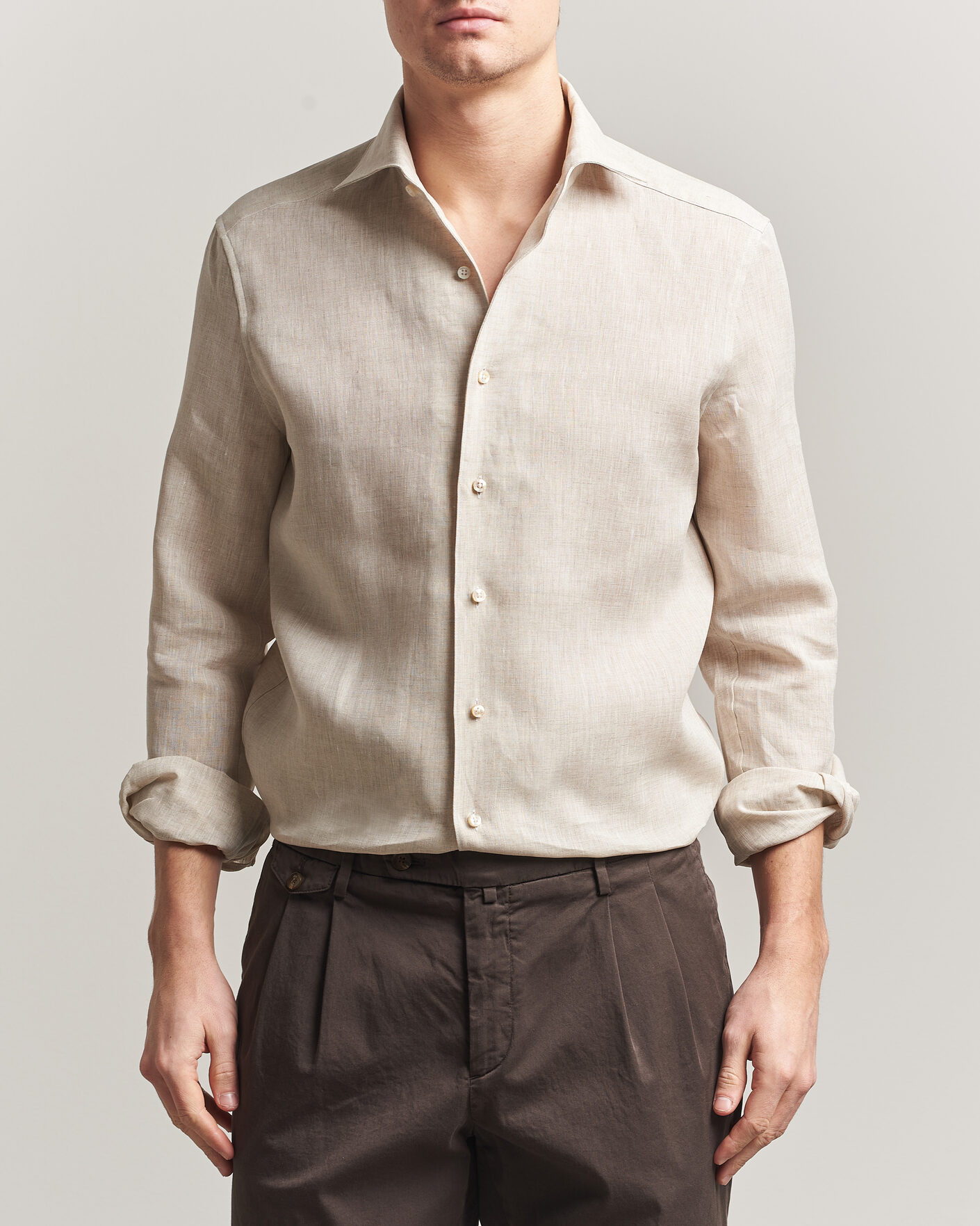 Men | Shirts | Stenströms | 1899 Linen One Piece Collar Shirt Beige