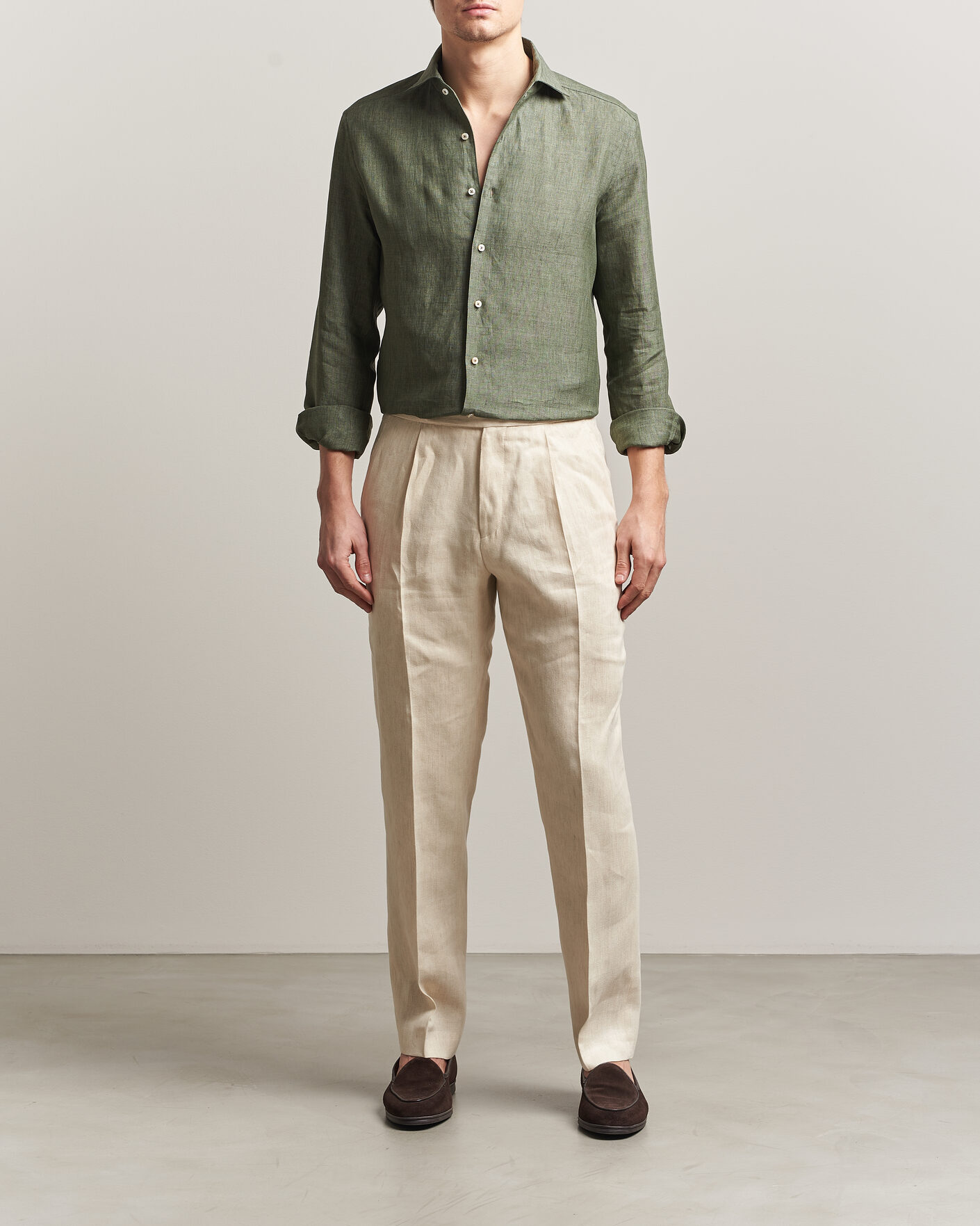 Men | Shirts | Stenströms | 1899 Linen One Piece Collar Shirt Olive