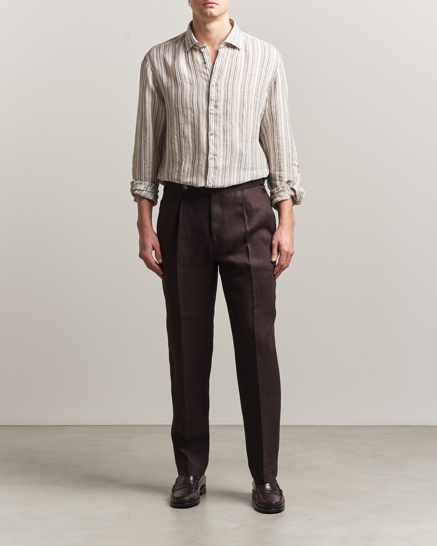Men | Shirts | Stenströms | Regular Fit Multi Striped Linen Shirt Brown