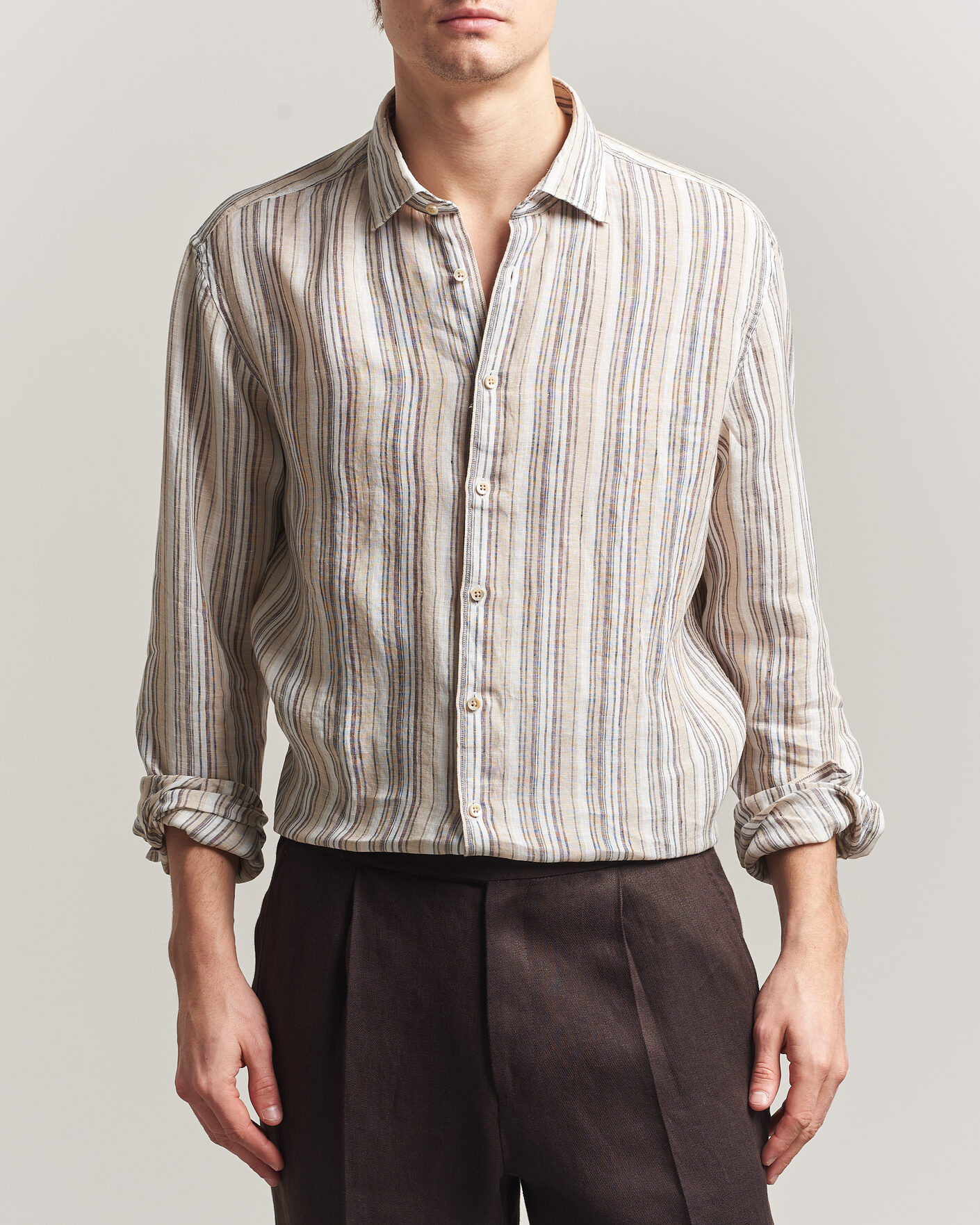 Men | Shirts | Stenströms | Regular Fit Multi Striped Linen Shirt Brown