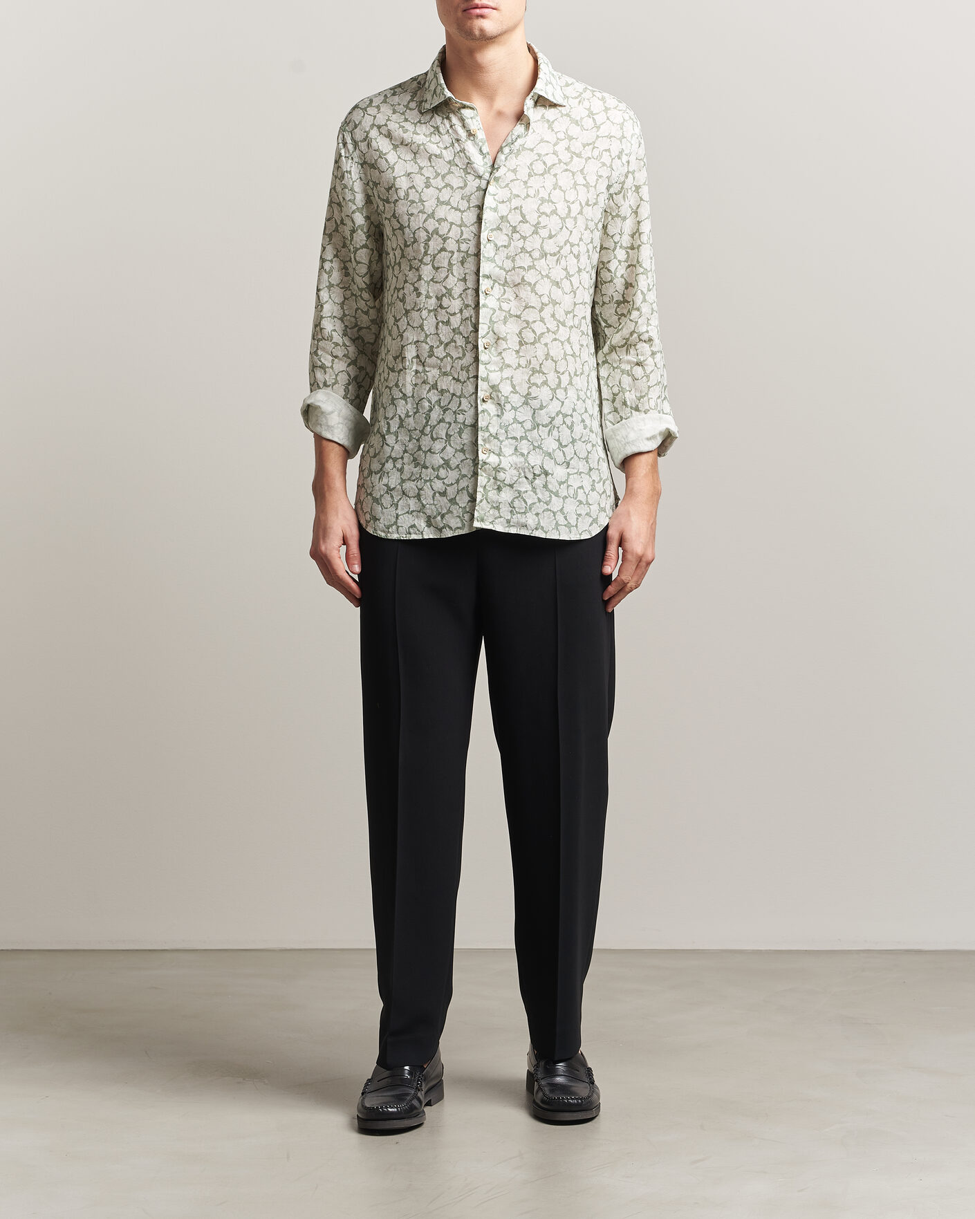 Men | Shirts | Stenströms | Regular Fit Flower Printed Linen Shirt Green