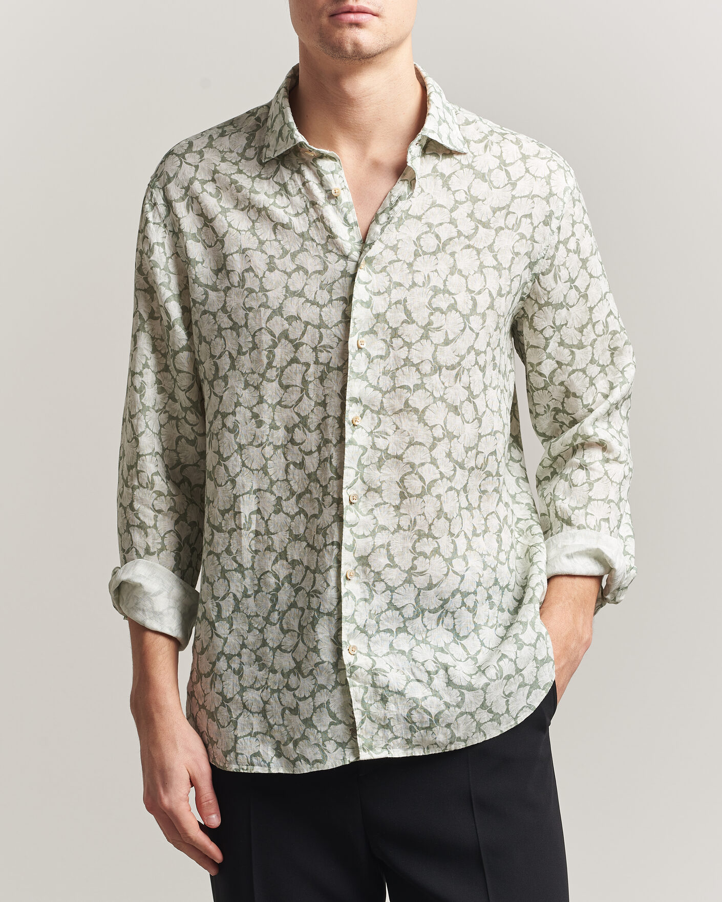 Men | Shirts | Stenströms | Regular Fit Flower Printed Linen Shirt Green