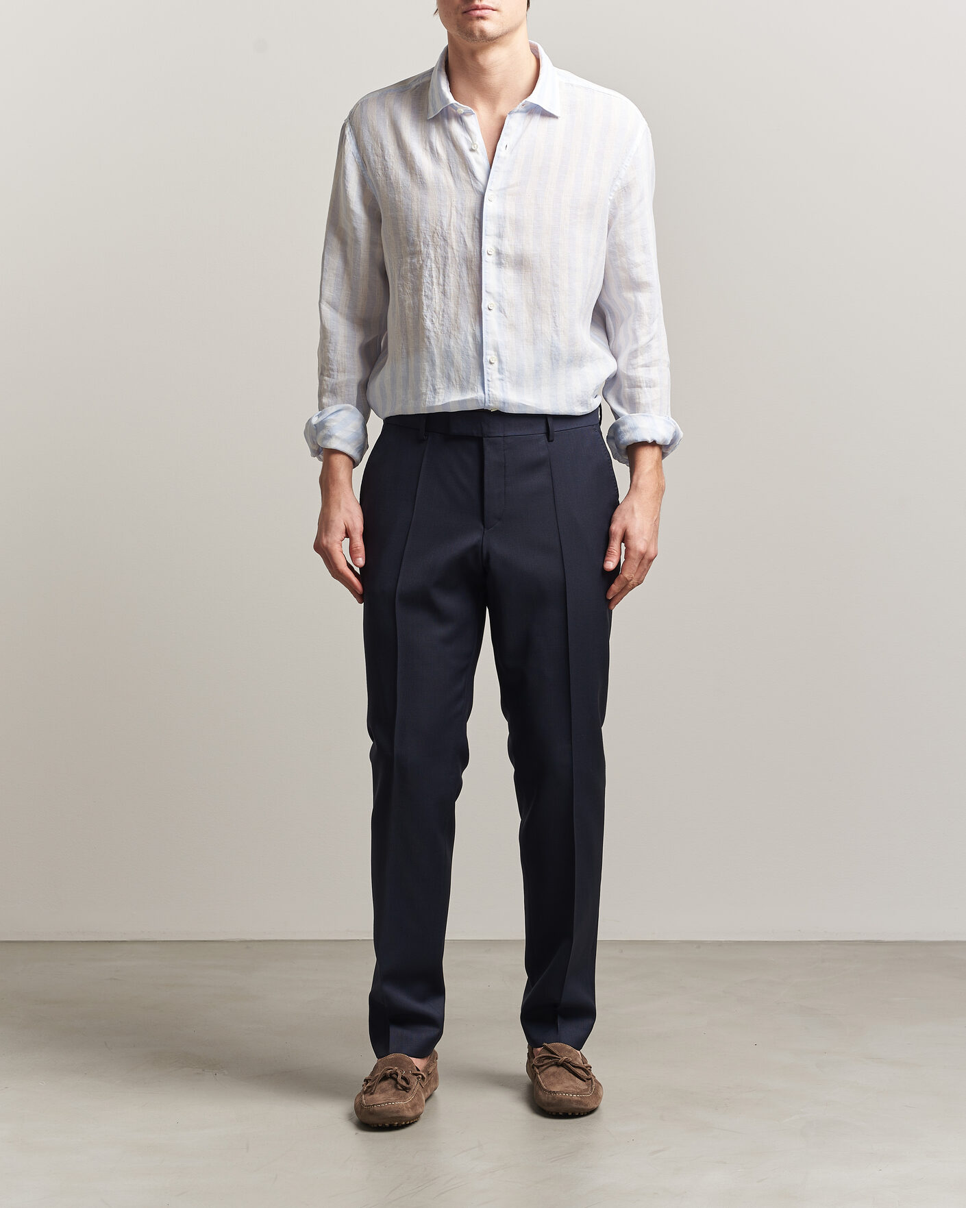 Men | Shirts | Stenströms | Regular Fit Wide Stripe Linen Shirt Light Blue