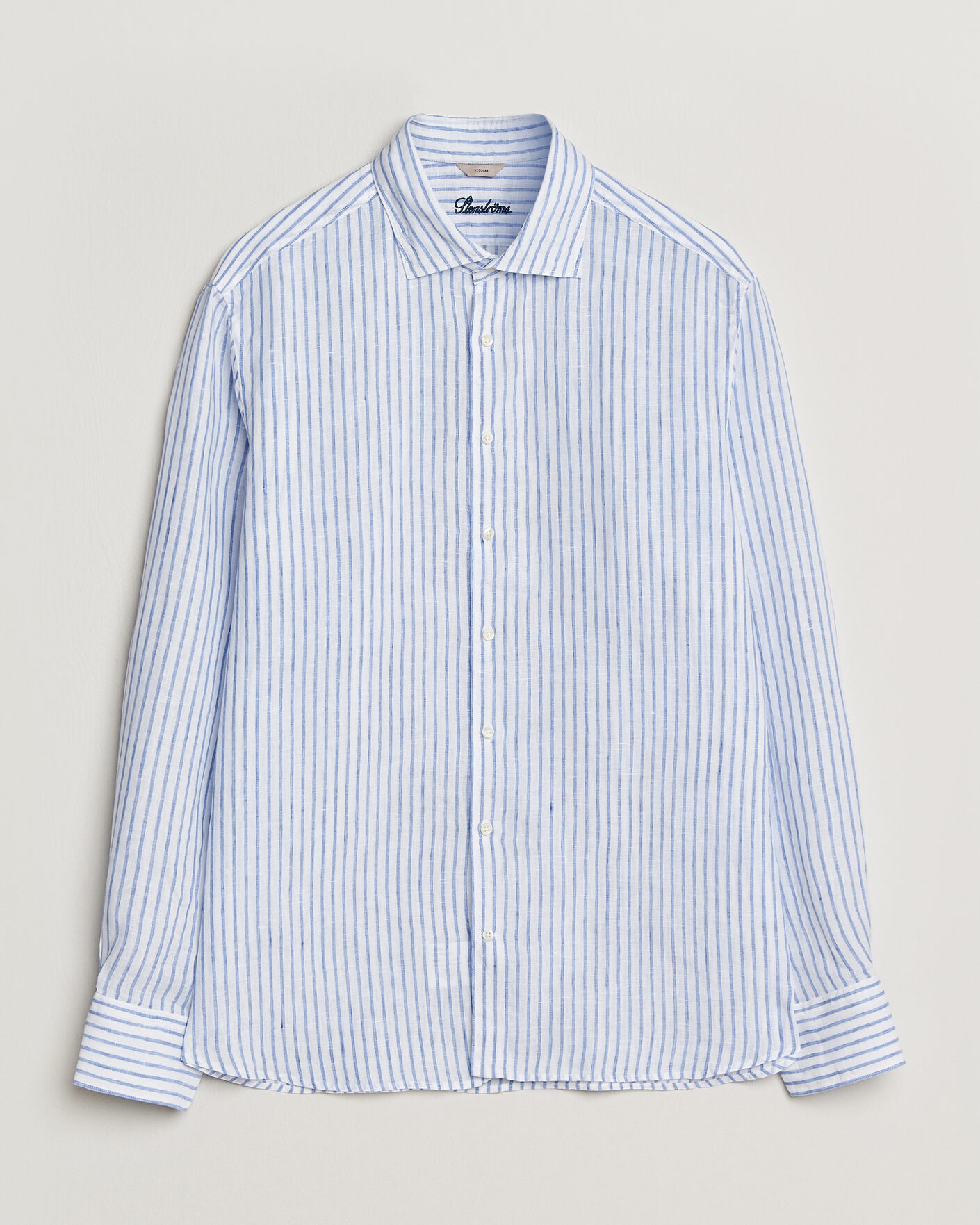 Men | Shirts | Stenströms | Regular Fit Striped Linen Shirt White/Dark Blue