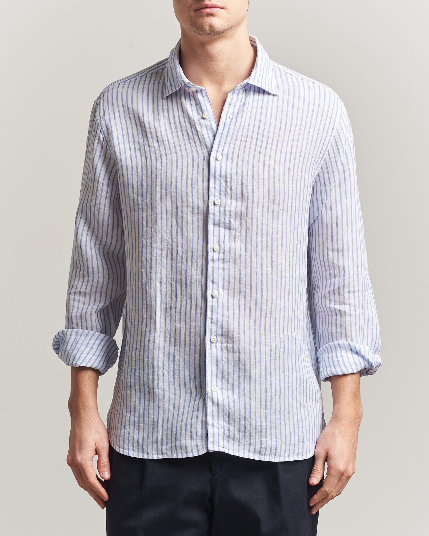 Men | Shirts | Stenströms | Regular Fit Striped Linen Shirt White/Dark Blue