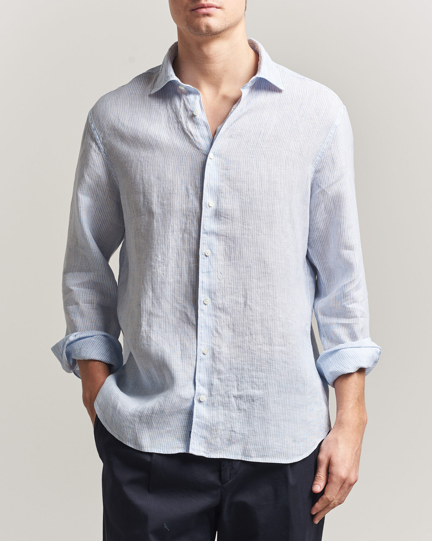 Men | Shirts | Stenströms | Regular Fit Thin Striped Linen Shirt Light Blue
