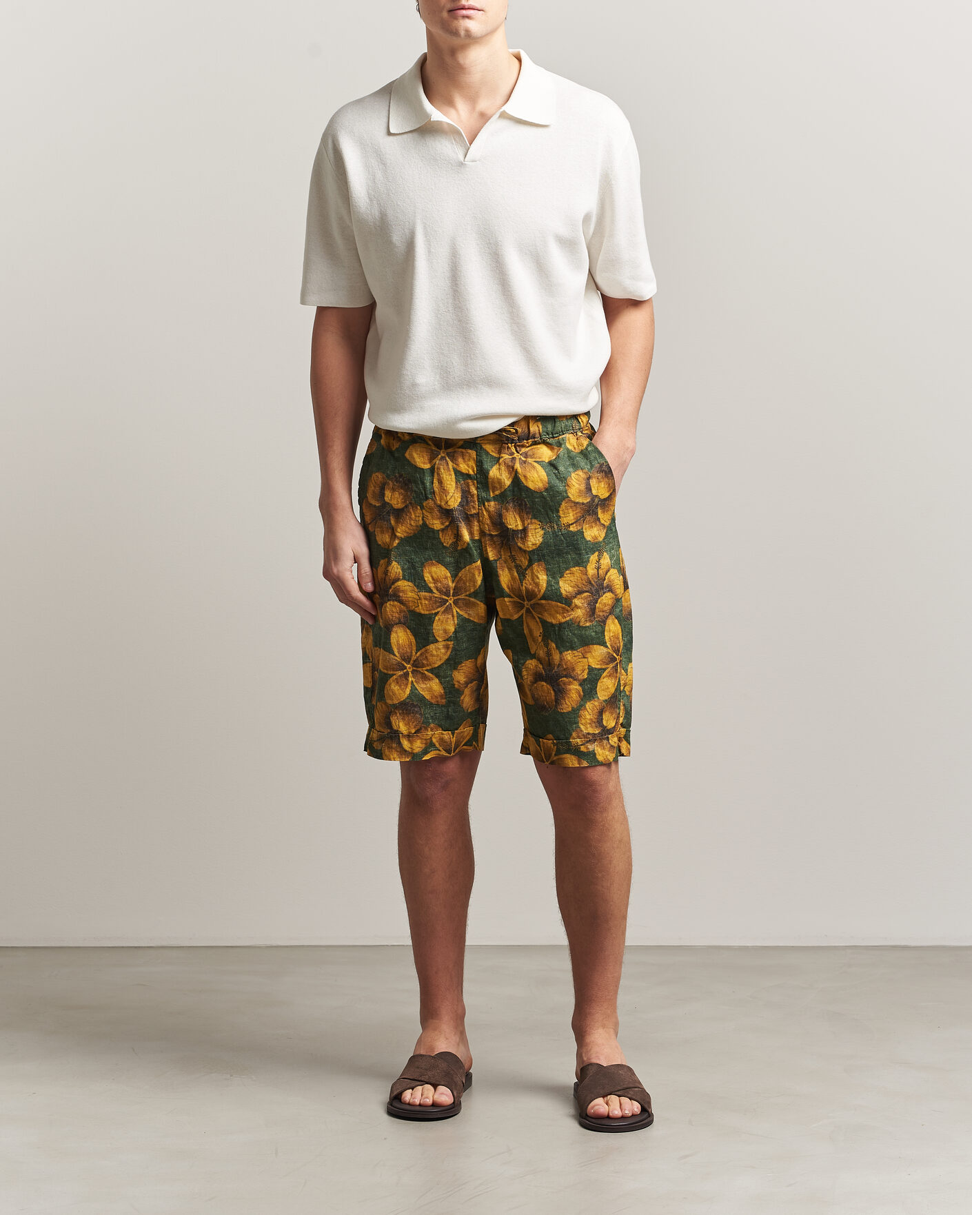Men | Shorts | Stenströms | Flower Printed Linen Shorts Green