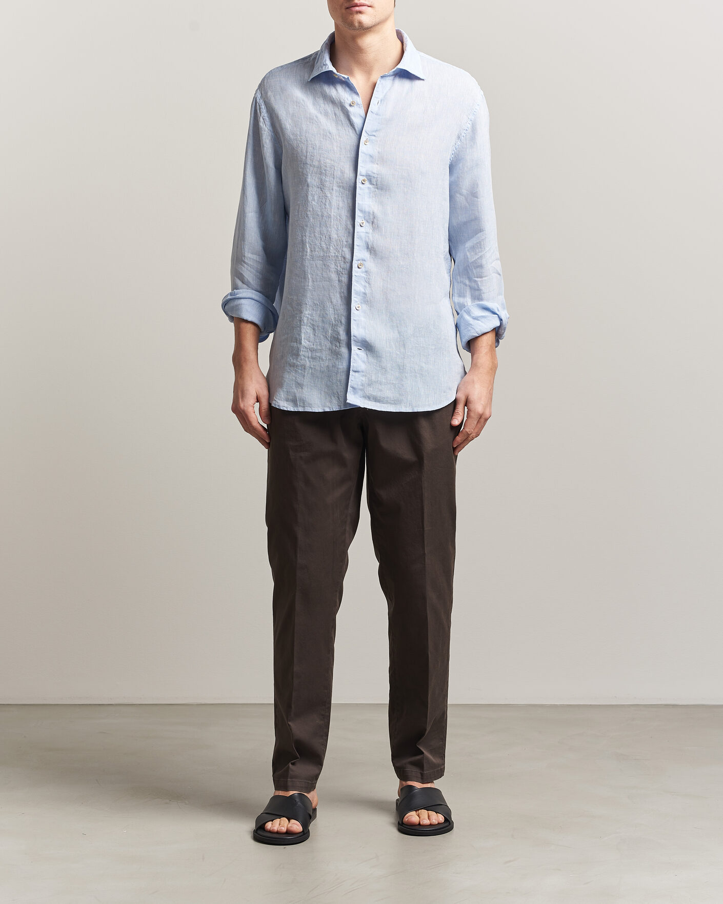 Men | Shirts | Stenströms | Regular Fit Cut Away Linen Shirt Light Blue
