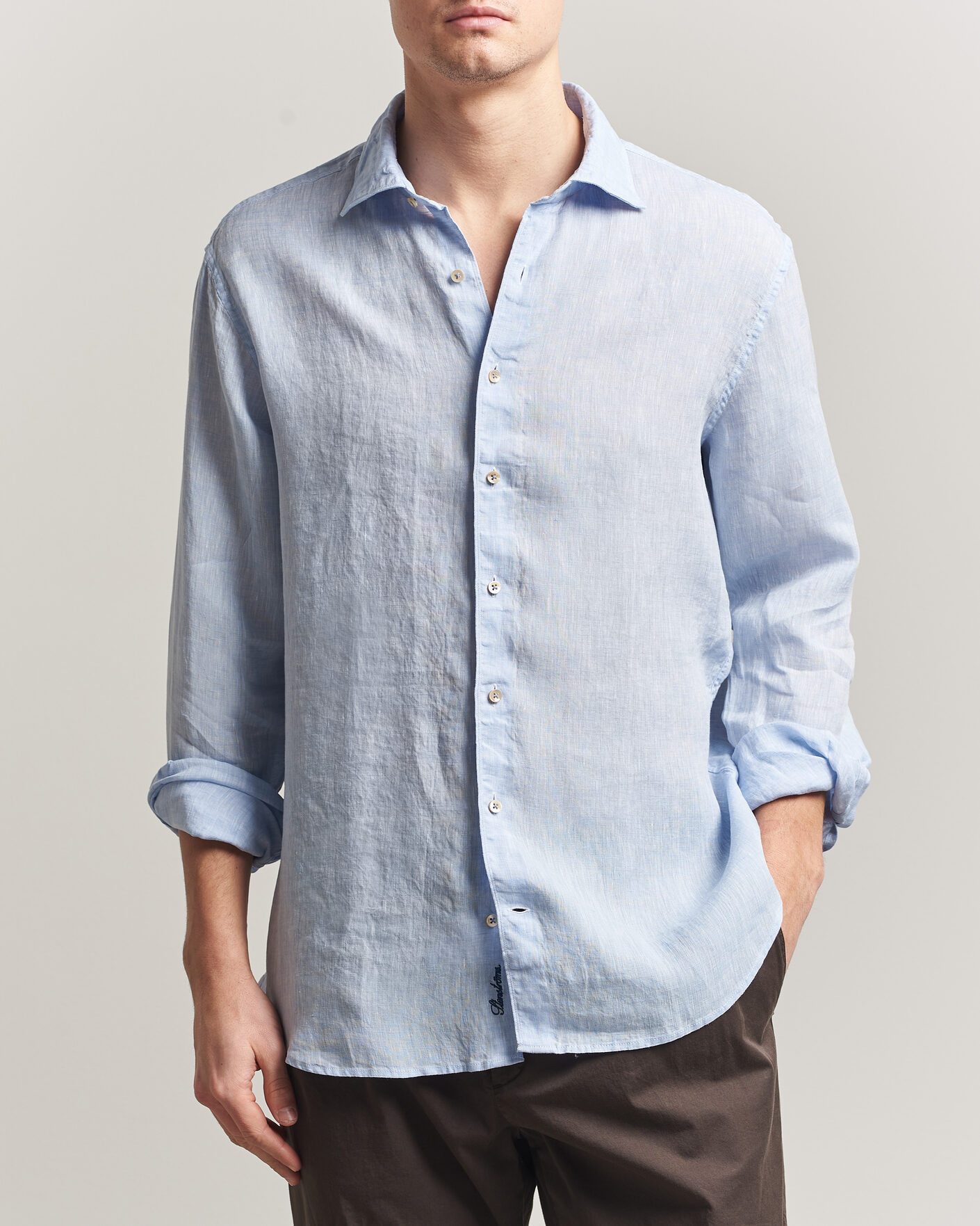 Men | Shirts | Stenströms | Regular Fit Cut Away Linen Shirt Light Blue