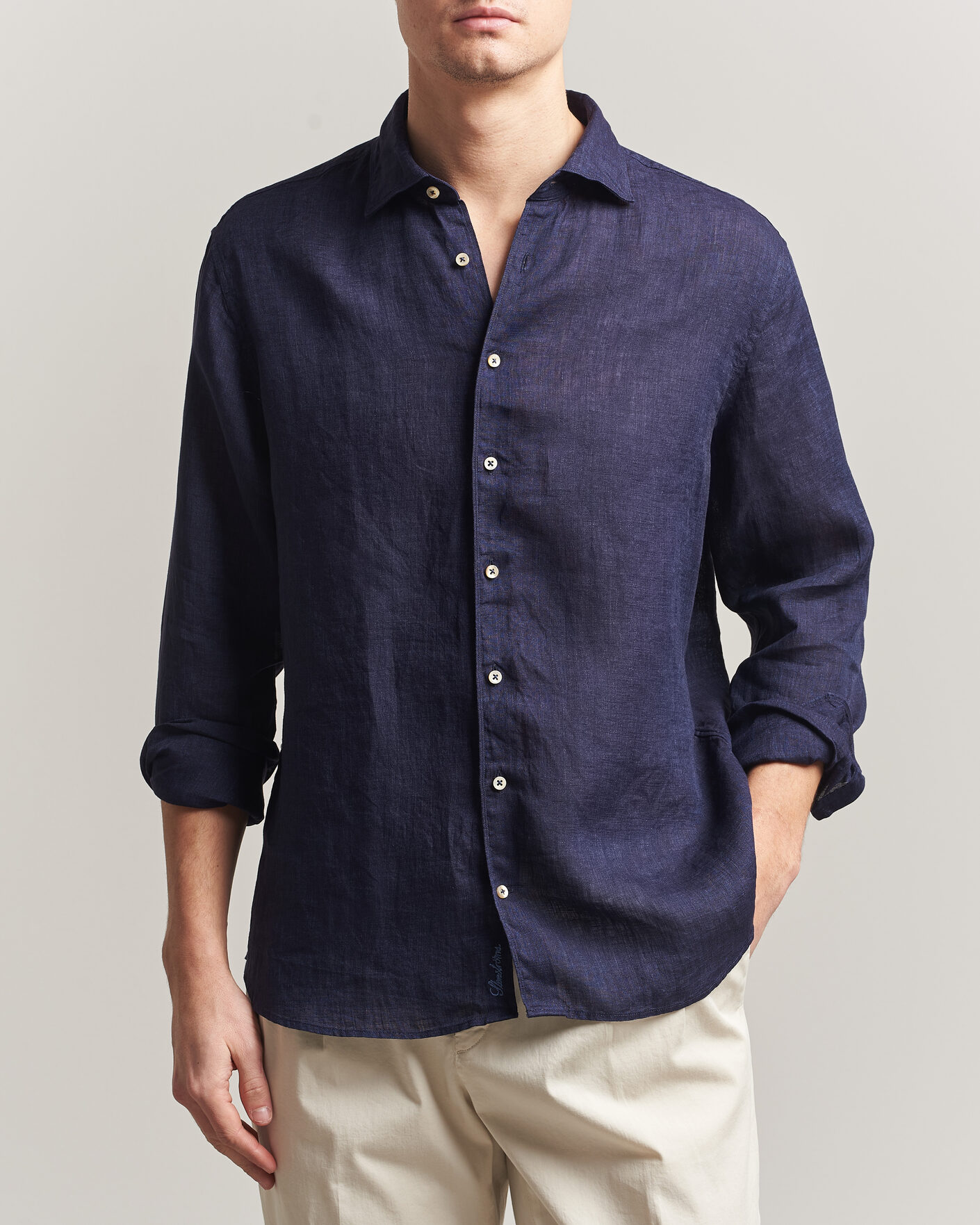 Men | Shirts | Stenströms | Regular Fit Cut Away Linen Shirt Navy