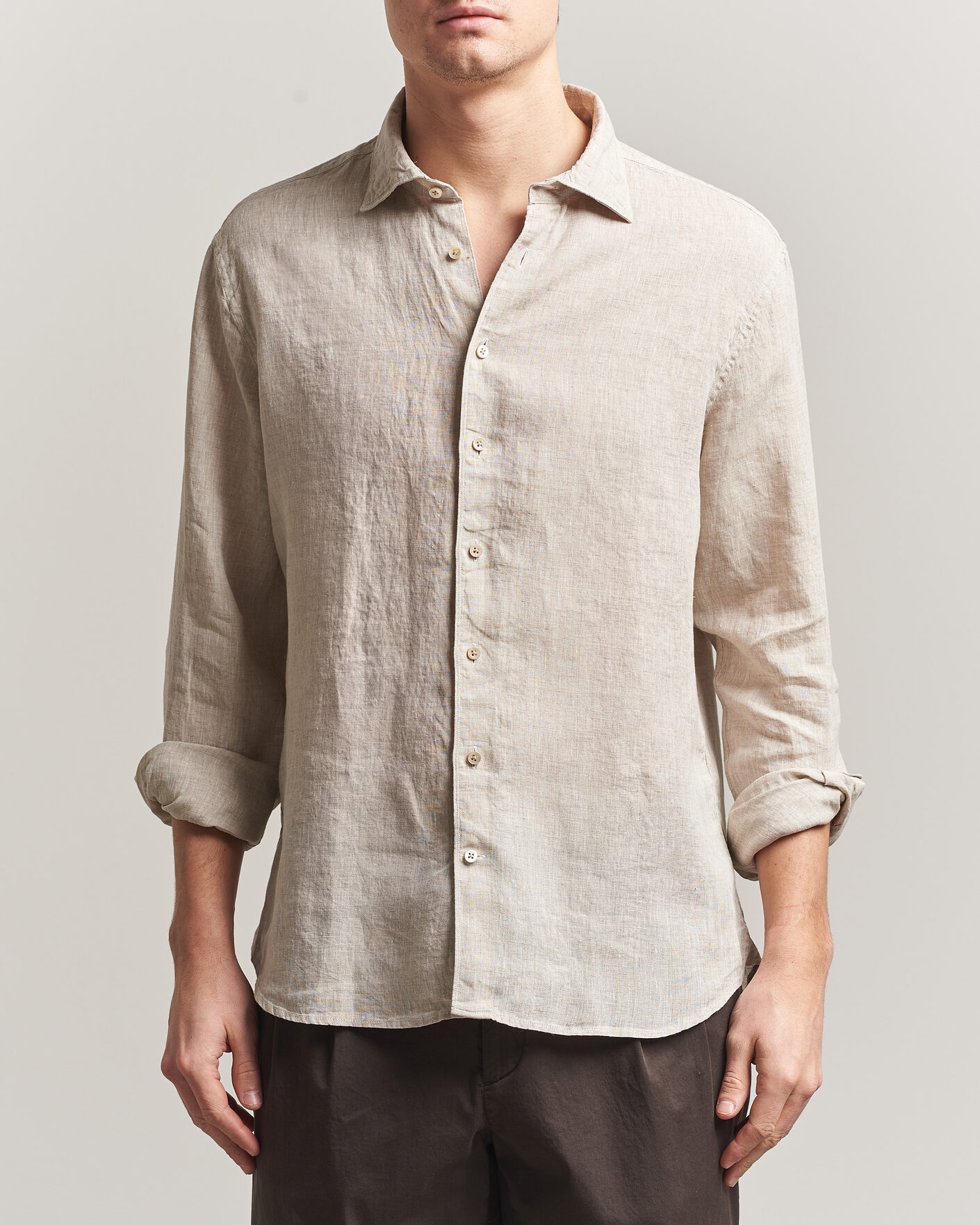Men | Shirts | Stenströms | Regular Fit Cut Away Linen Shirt Beige