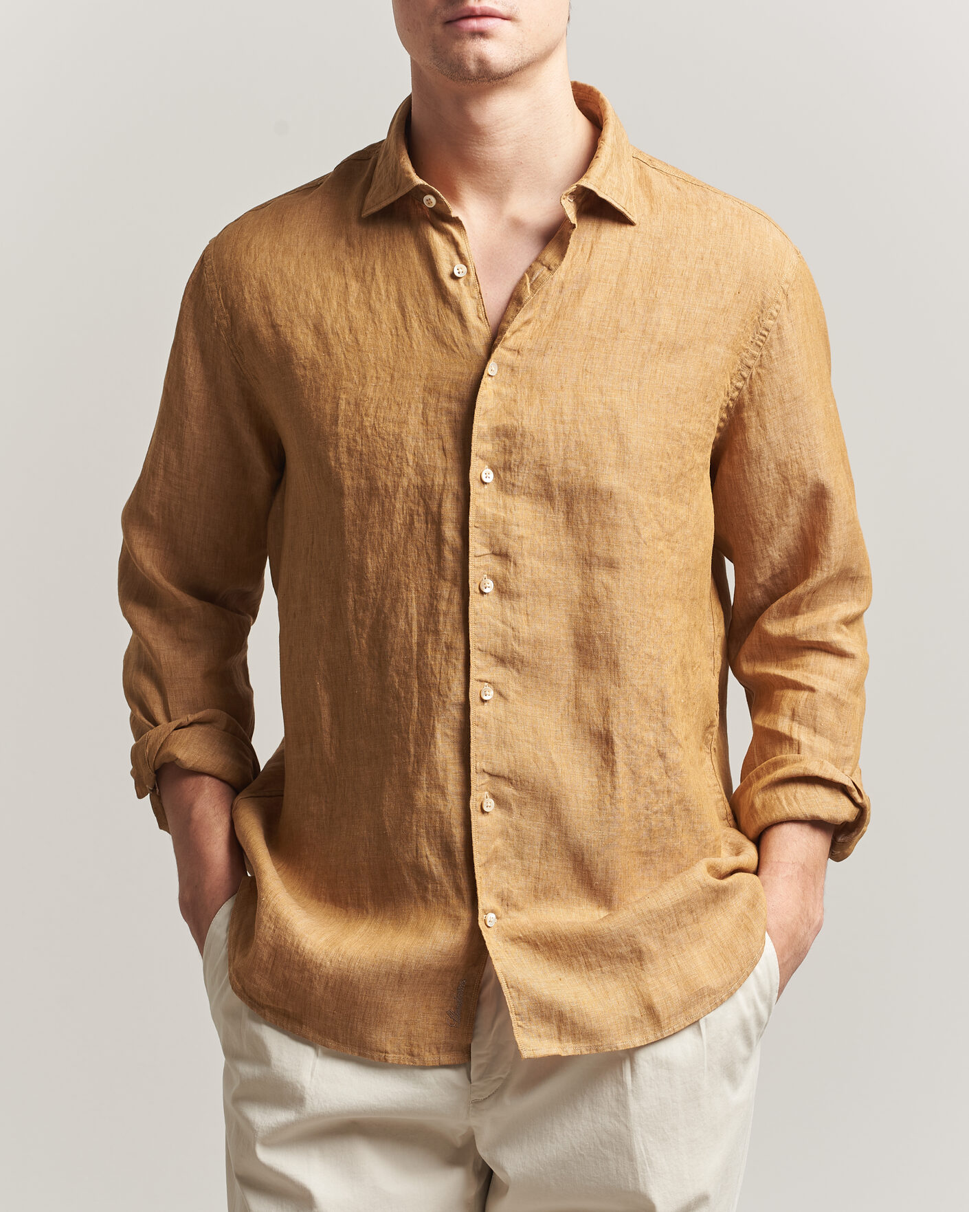 Men | Shirts | Stenströms | Regular Fit Cut Away Linen Shirt Light Brown