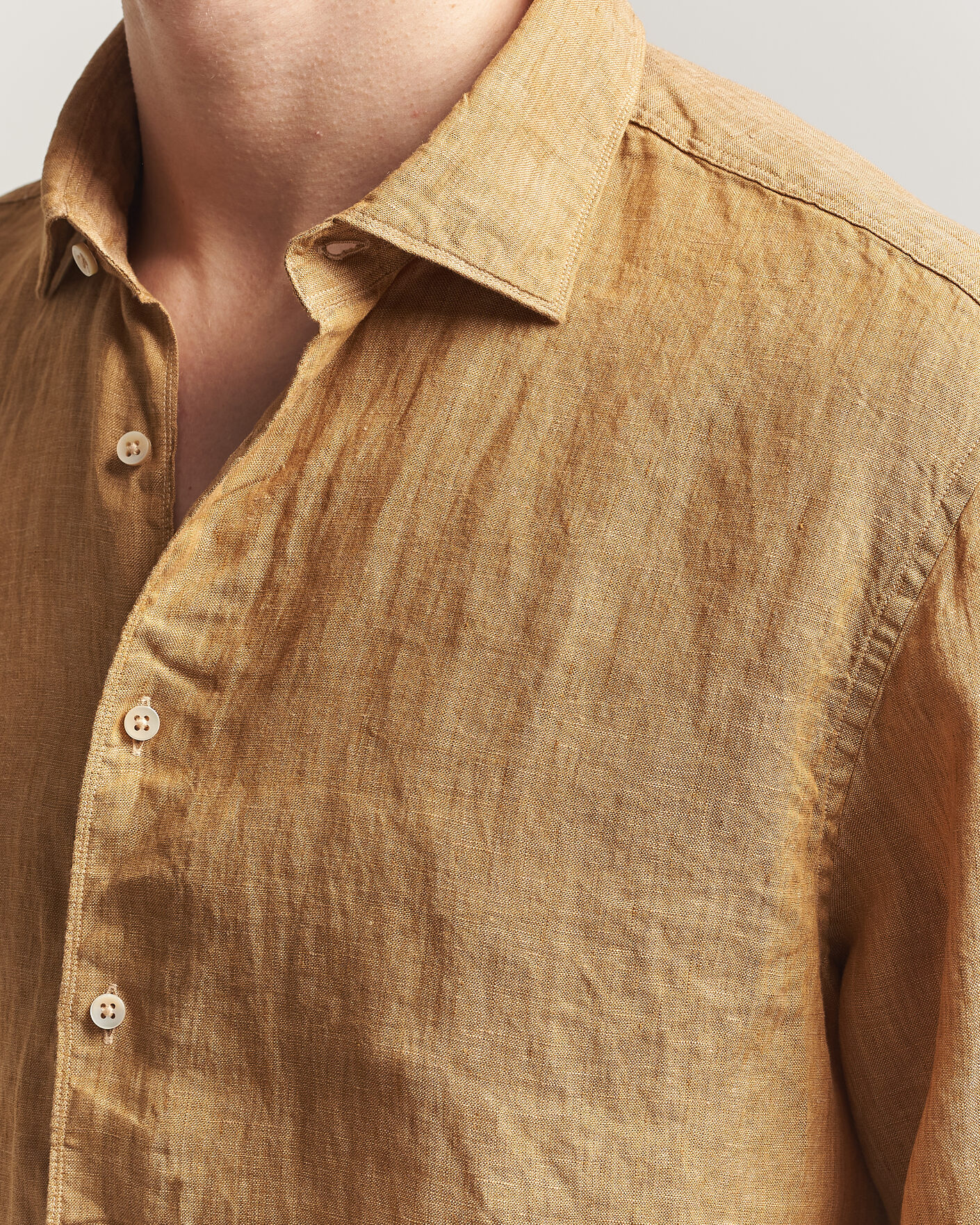 Men | Shirts | Stenströms | Regular Fit Cut Away Linen Shirt Light Brown