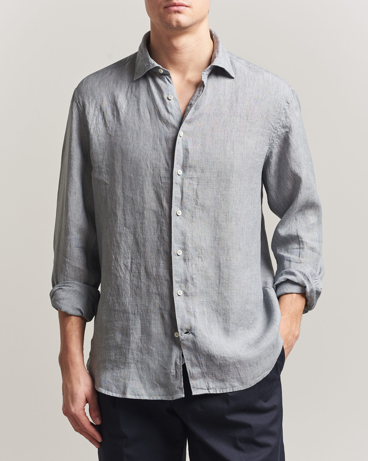 Men | Shirts | Stenströms | Regular Fit Cut Away Linen Shirt Grey
