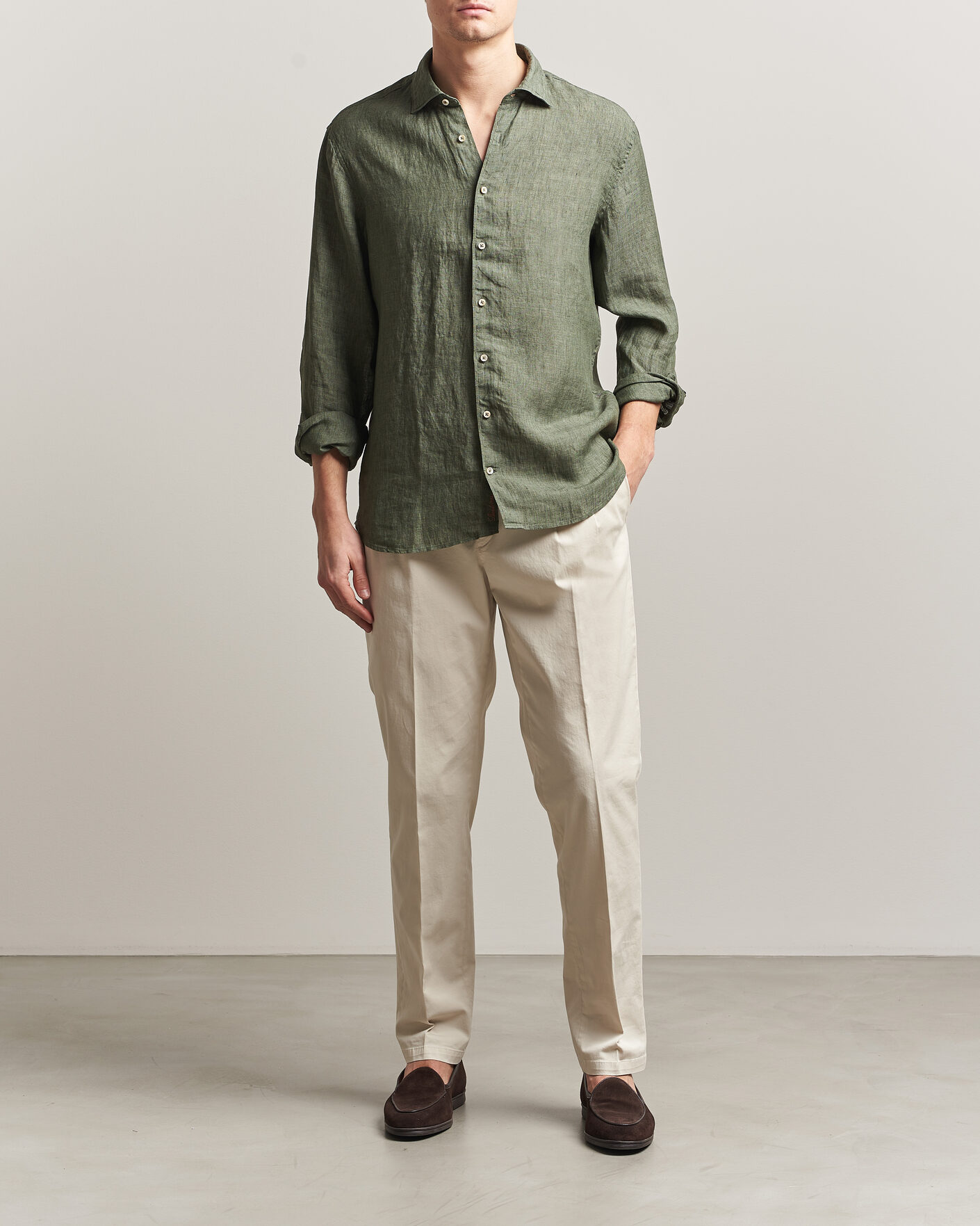 Men | Shirts | Stenströms | Regular Fit Cut Away Linen Shirt Green
