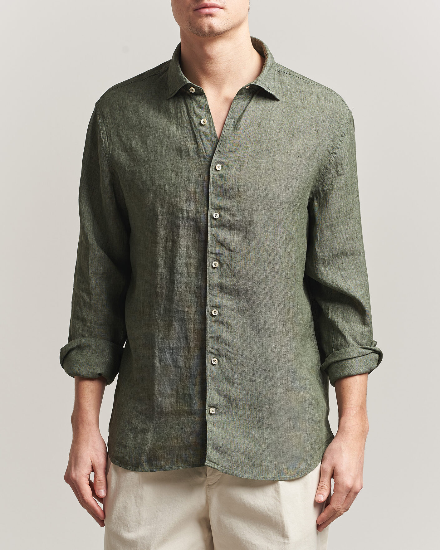 Men | Shirts | Stenströms | Regular Fit Cut Away Linen Shirt Green