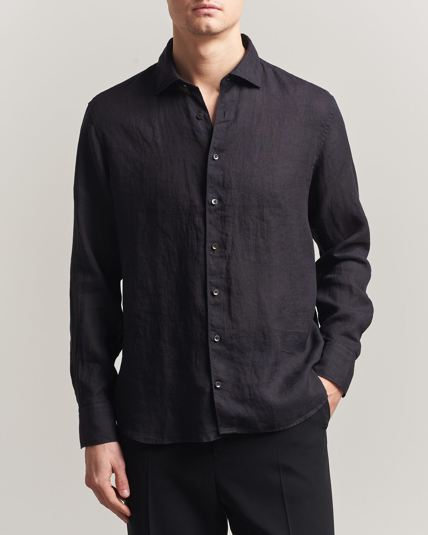 Men | Shirts | Stenströms | Regular Fit Cut Away Linen Shirt Black