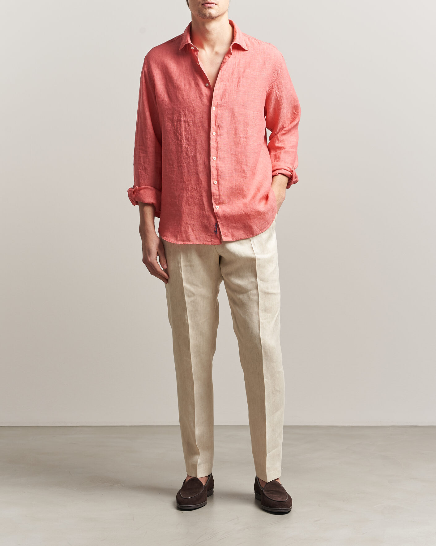 Men | Shirts | Stenströms | Regular Fit Cut Away Linen Shirt Raspberry