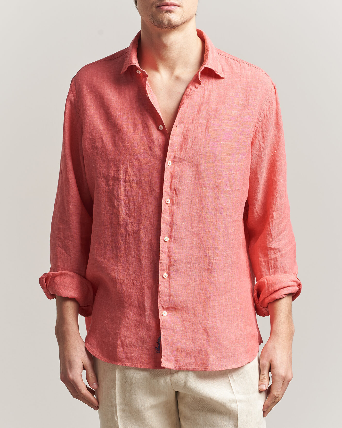 Men | Shirts | Stenströms | Regular Fit Cut Away Linen Shirt Raspberry