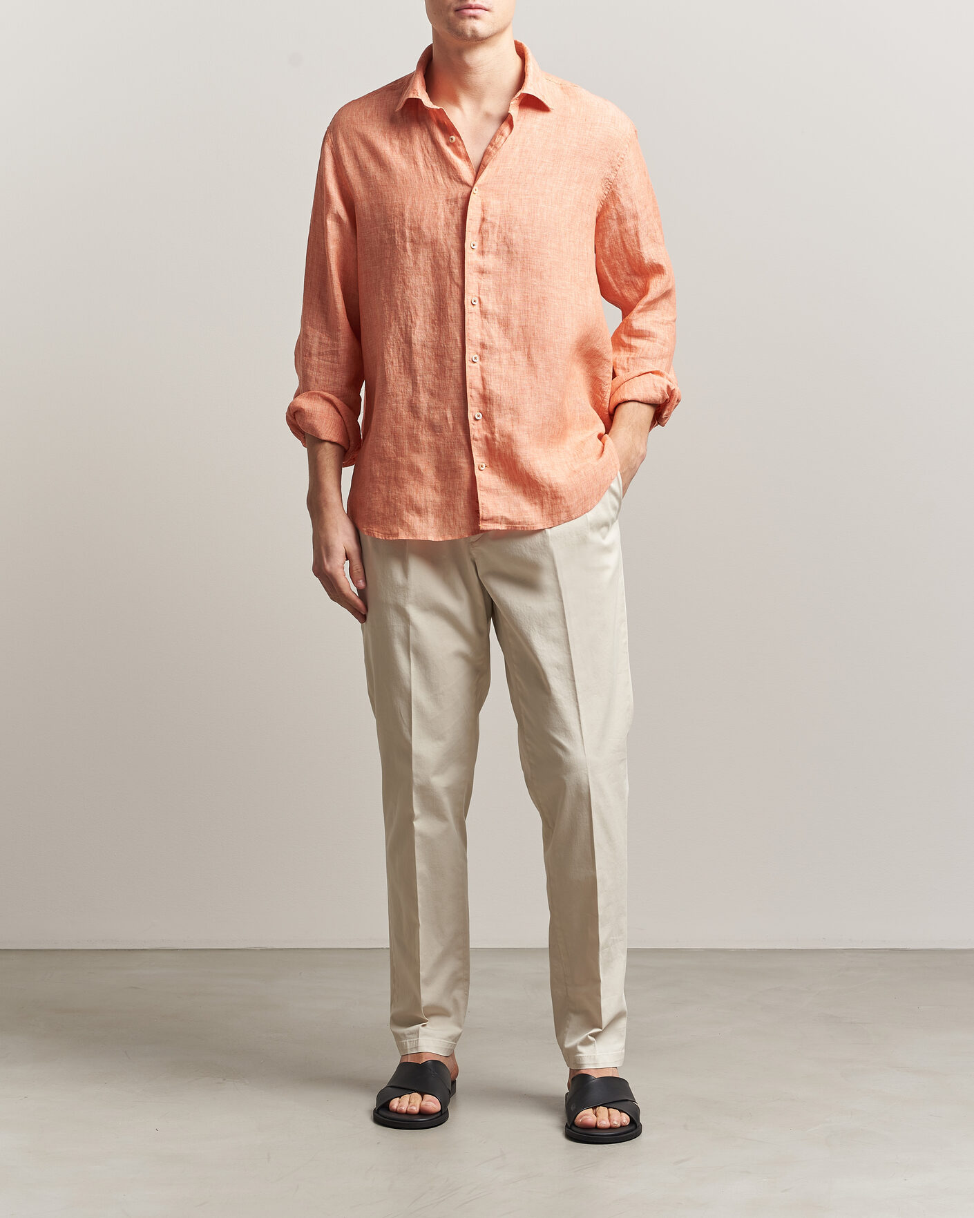 Men | Shirts | Stenströms | Regular Fit Cut Away Linen Shirt Orange