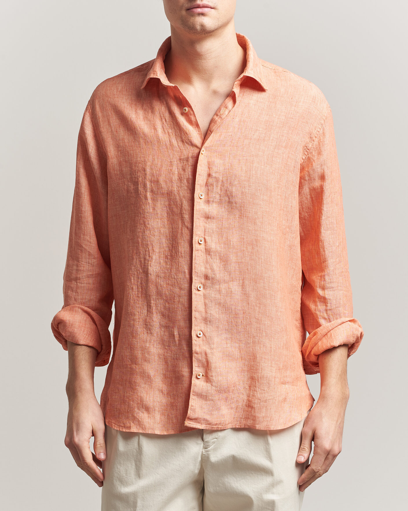 Men | Shirts | Stenströms | Regular Fit Cut Away Linen Shirt Orange