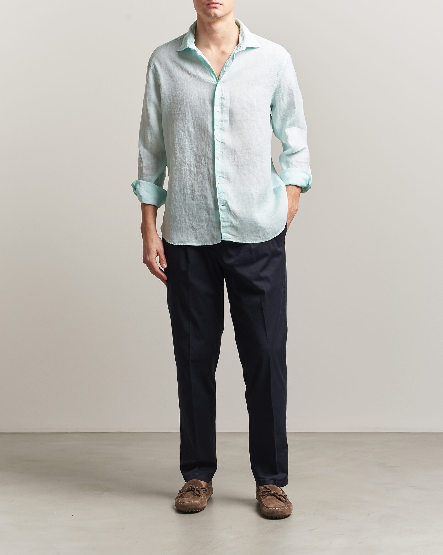 Men | Shirts | Stenströms | Regular Fit Cut Away Linen Shirt Mint