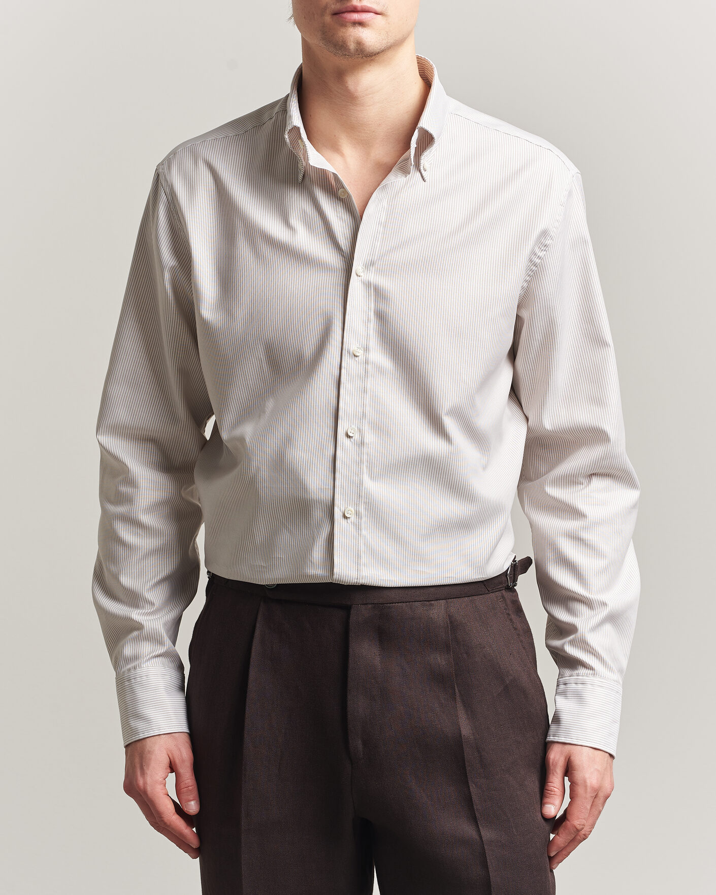 Men | Shirts | Stenströms | Regular Fit Thin Striped Oxford Shirt Beige