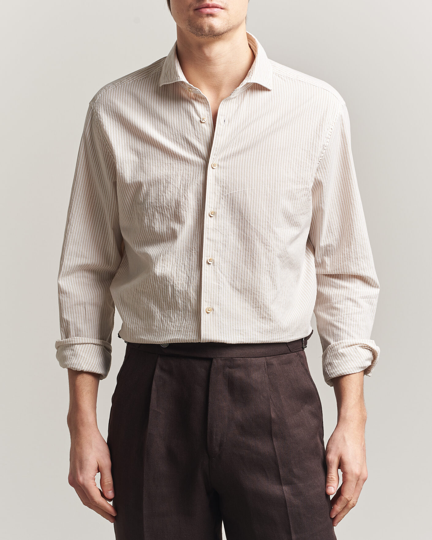 Men | Shirts | Stenströms | Regular Fit Structured Stripe Shirt Beige