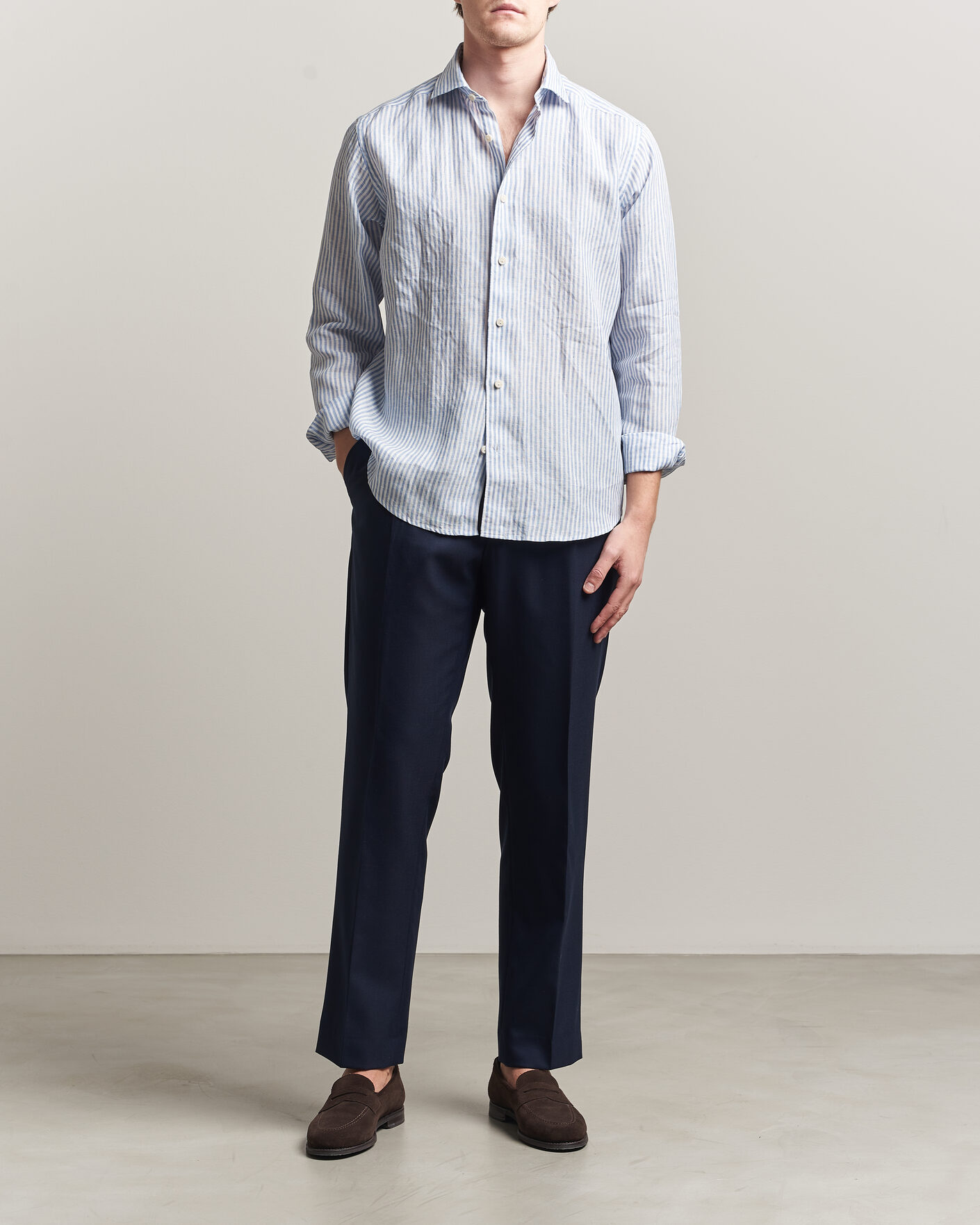 Men | Shirts | Eton | Casual Fit Striped Linen Shirt Light Blue