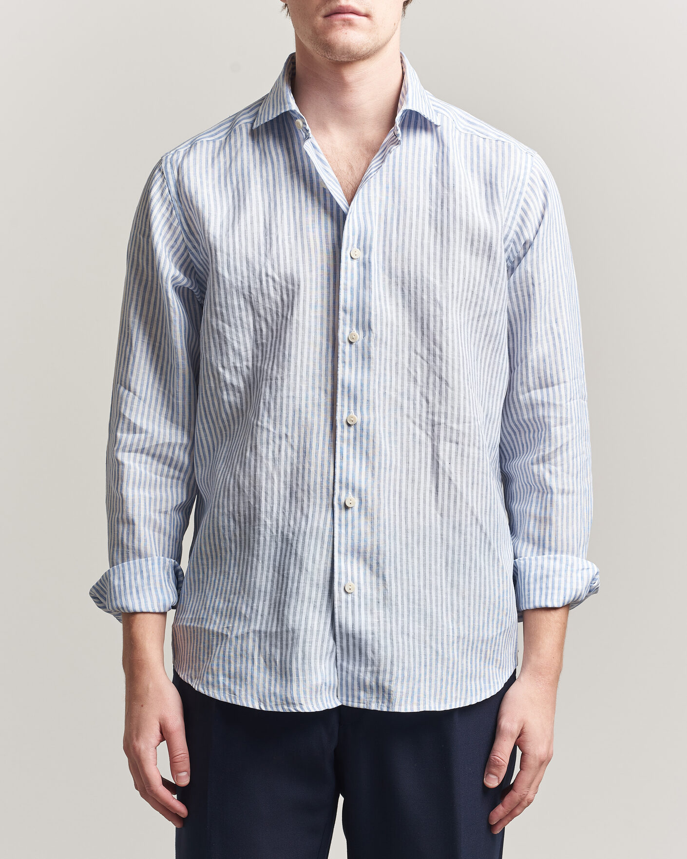 Men | Shirts | Eton | Casual Fit Striped Linen Shirt Light Blue