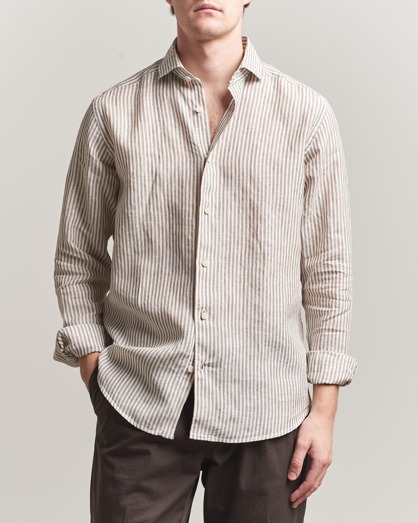 Men | Shirts | Eton | Casual Fit Striped Linen Shirt Beige